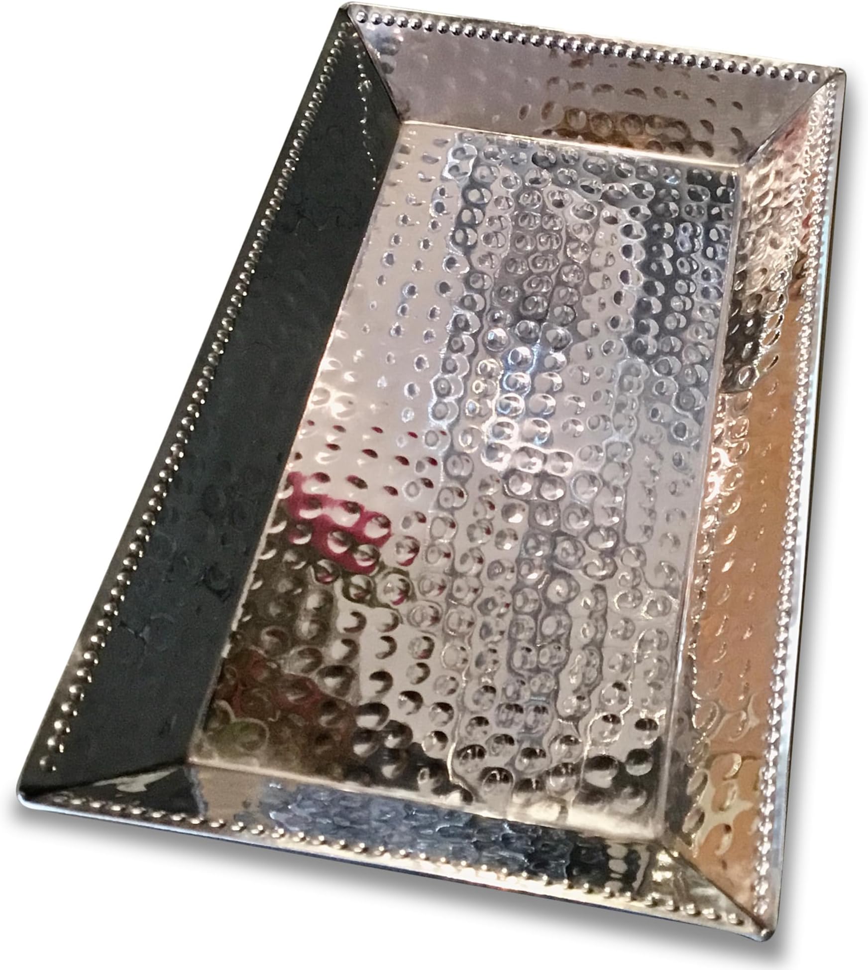 India Handicrafts 71232 Rectangle Hammered Beaded Edge Silver Tone 9.75 x 5.5 Inch Stainless Steel Serving Tray Platter