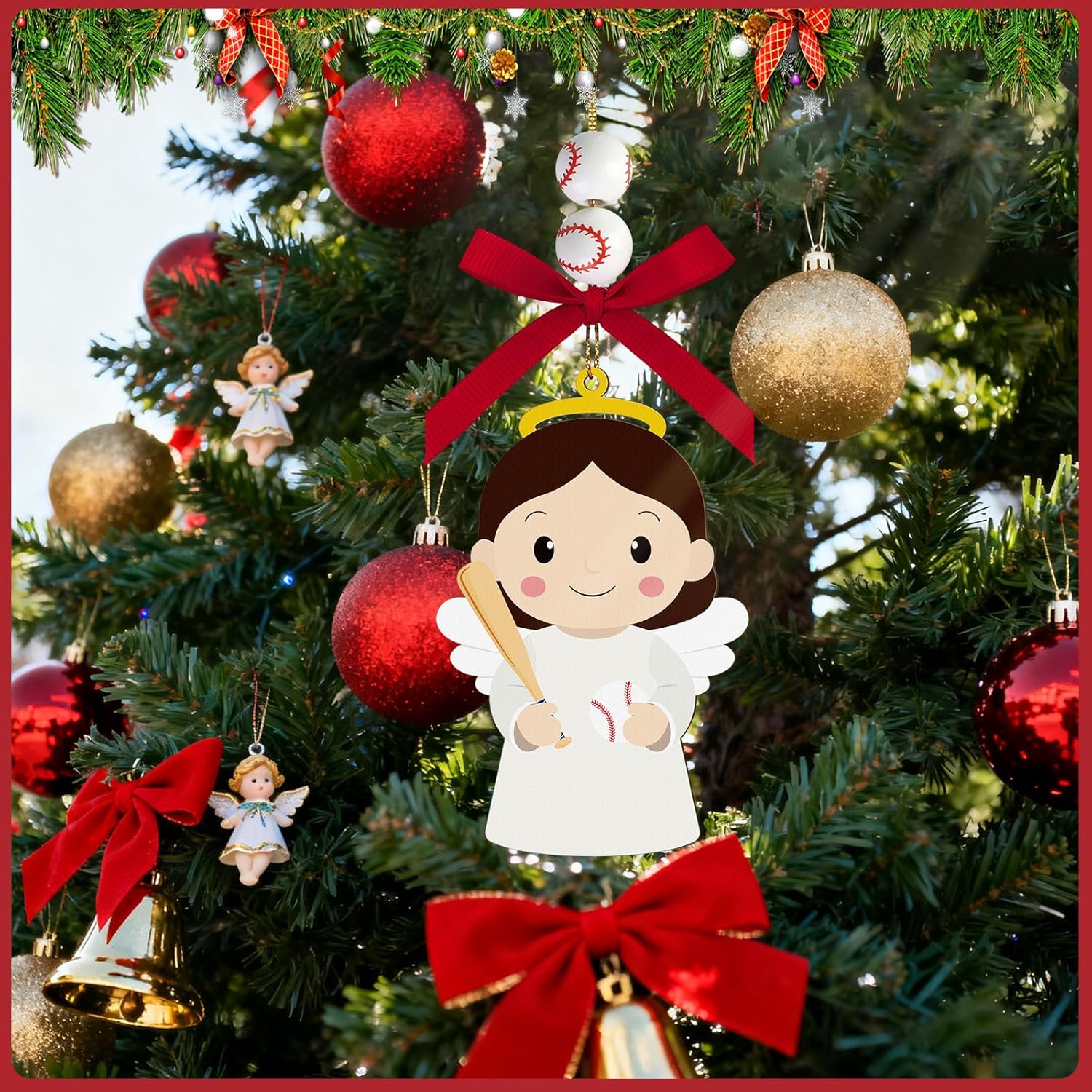 Baseball Angel Easter Ornaments Wooden Hanging Angel Ornament Sport Ball Xmas Tree Decorations for Home Crafts Baseball Lovers Sport Players Fans Family Holiday Party Supplies - Image 4