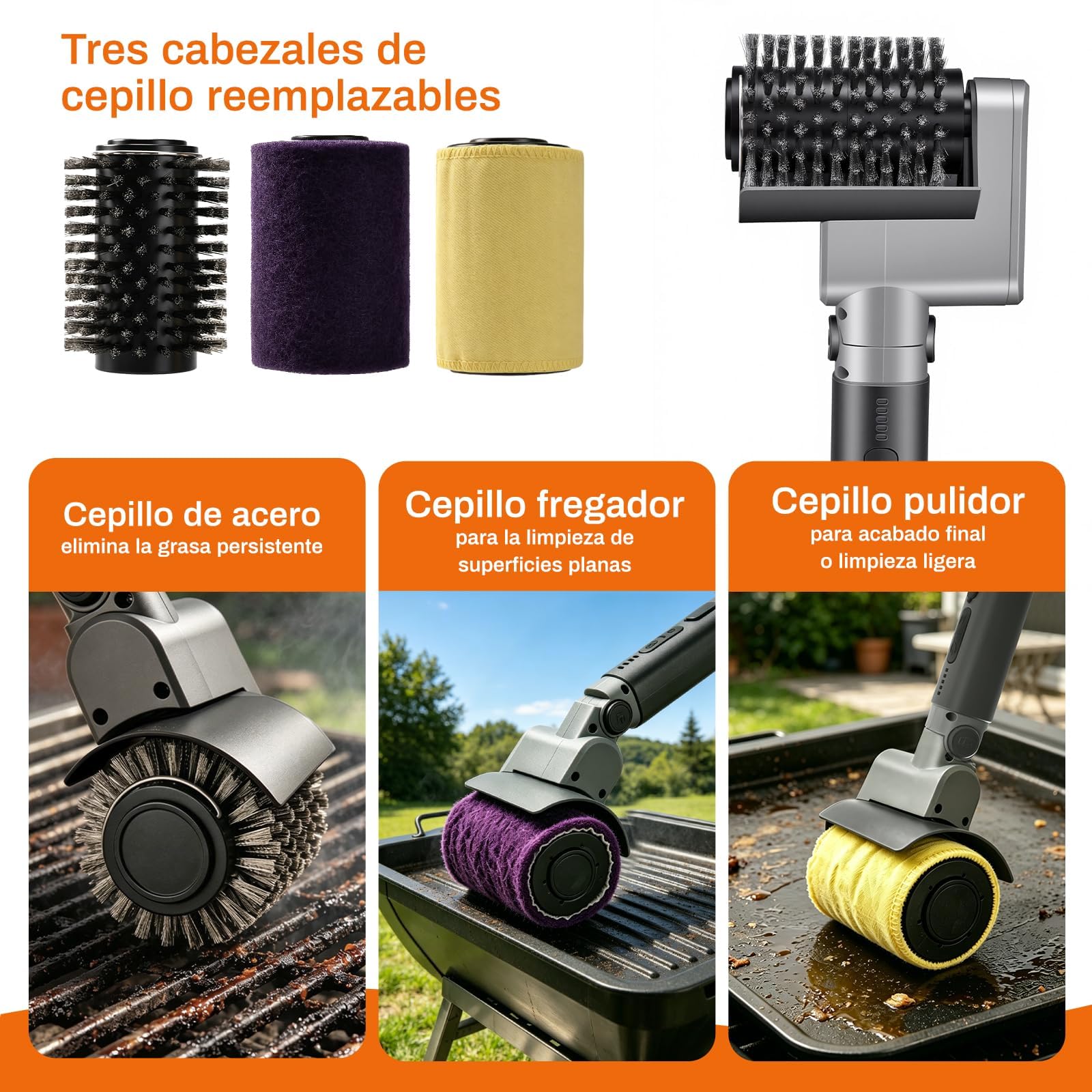Cepillo Eléctrico para Barbacoa, Limpiador de Parrilla Inalámbrico 3 en 1 con 3 Velocidades y 180° Ajustable, 3 Cabezales Acero INOX Reforzados, 150Min Batería, Impermeable, Apto Lavavajillas