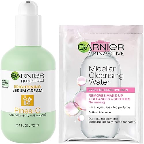 Garnier SkinActive Green Labs Pinea-C Brightening Serum Cream - Crema hidratante con SPF 30 y Vitamina C con piña y agua de limpieza micelar tamaño