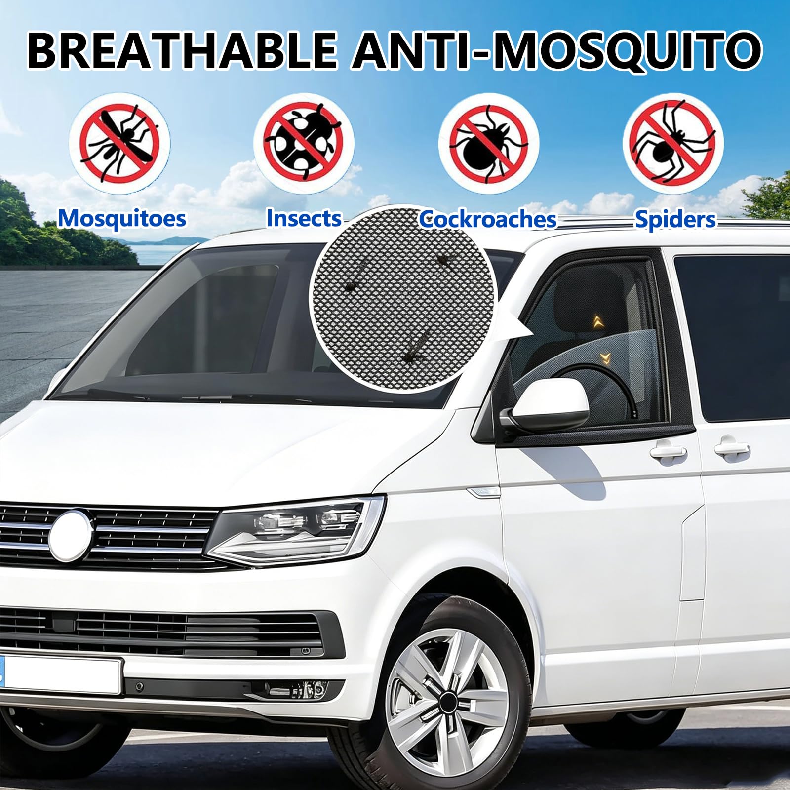 Zestaw 2 magnetycznych moskitier do bocznych okien VW T4 T5 T6 - Magnetyczna moskitiera do bocznego okna - Oddychająca moskitiera do przednich drzwi