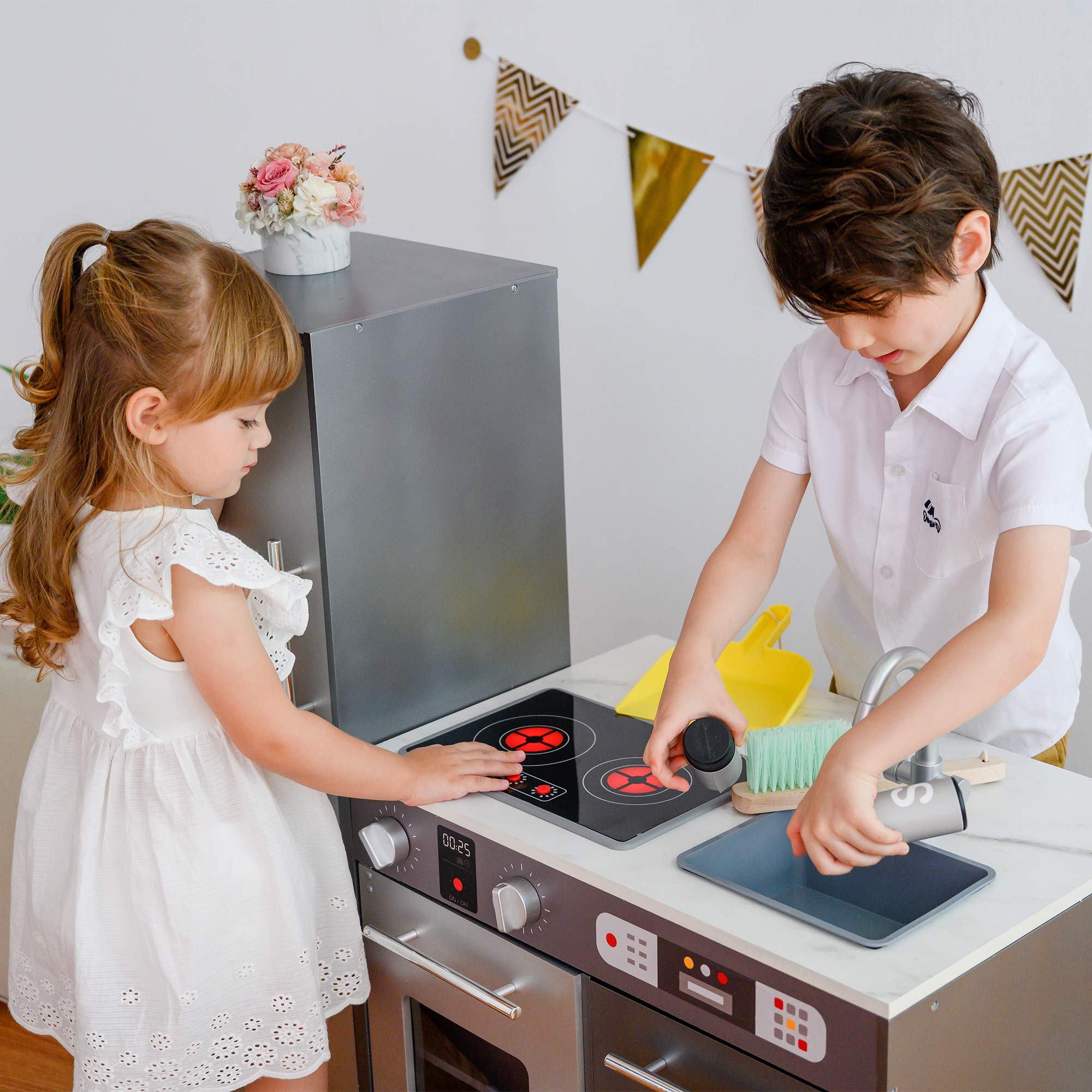 Teamson Kids Szara Drewniana Kuchnia do Zabawy Milano z 10 akcesoriami TD-13397B