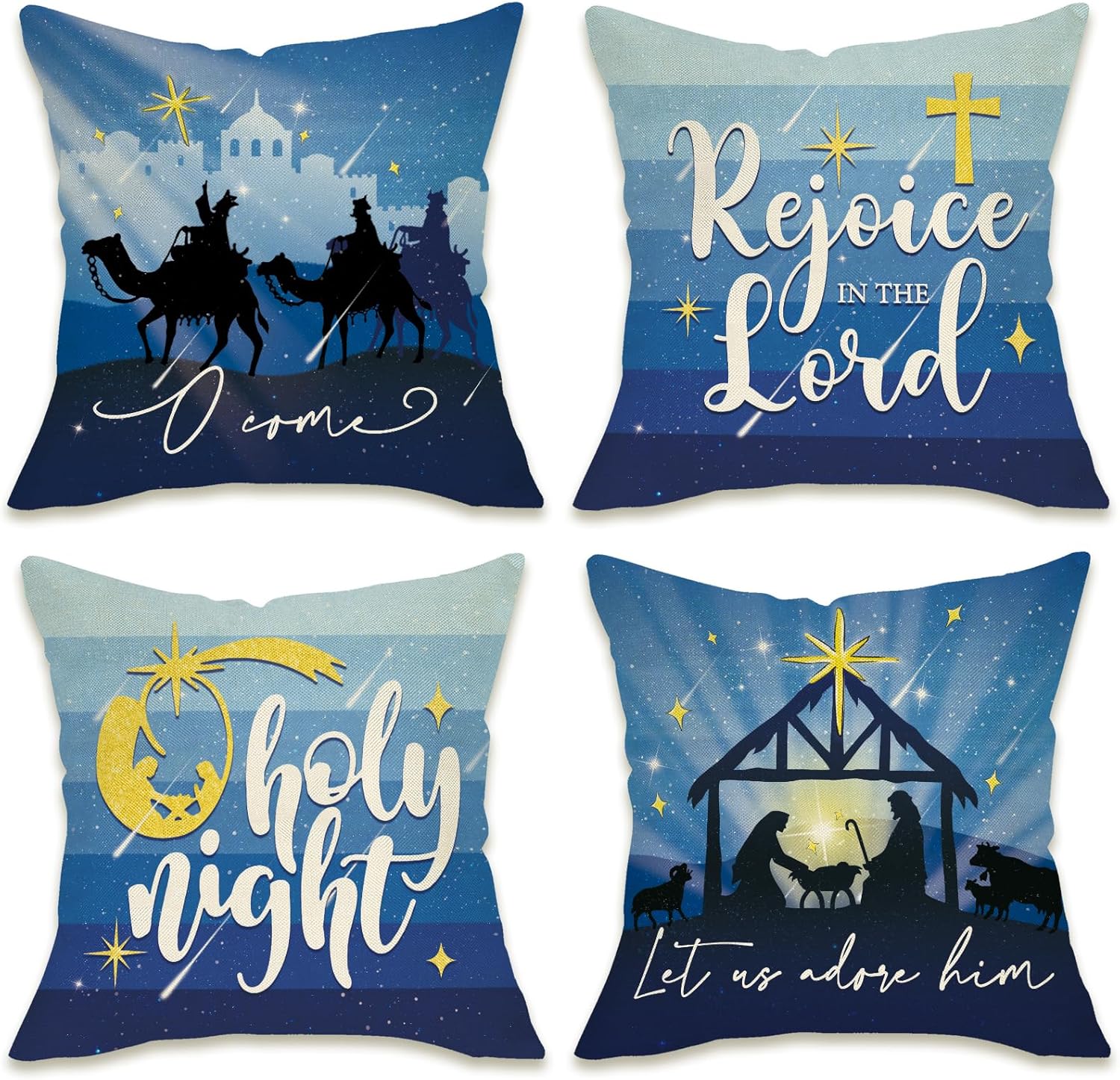 Fahrendom Christmas O Holy Night Decorative Throw Pillow Covers 18x18 Set of 4, Religious Xmas Jesus Nativity Navy Blue Outdoor Pillowcase, Rejoice in The Lord Winter Holiday Cushion Case Home Decor 18" x 18" (Pack of 4) Blue