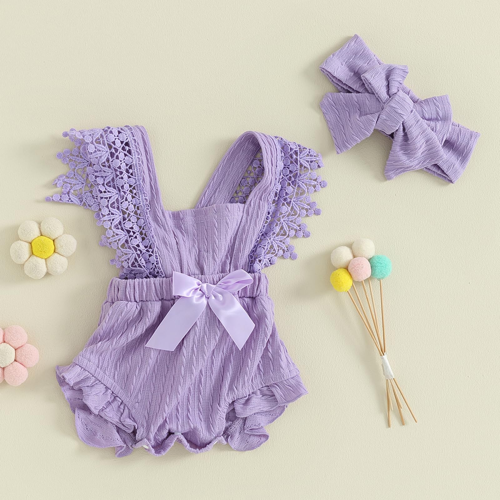 Newborn Baby Girl Lace Romper Ruffle Sleeveless Backless Onesie Jumpsuit Bodysuit with Headband Summer Clothes (Purple, 12-18 Months)
