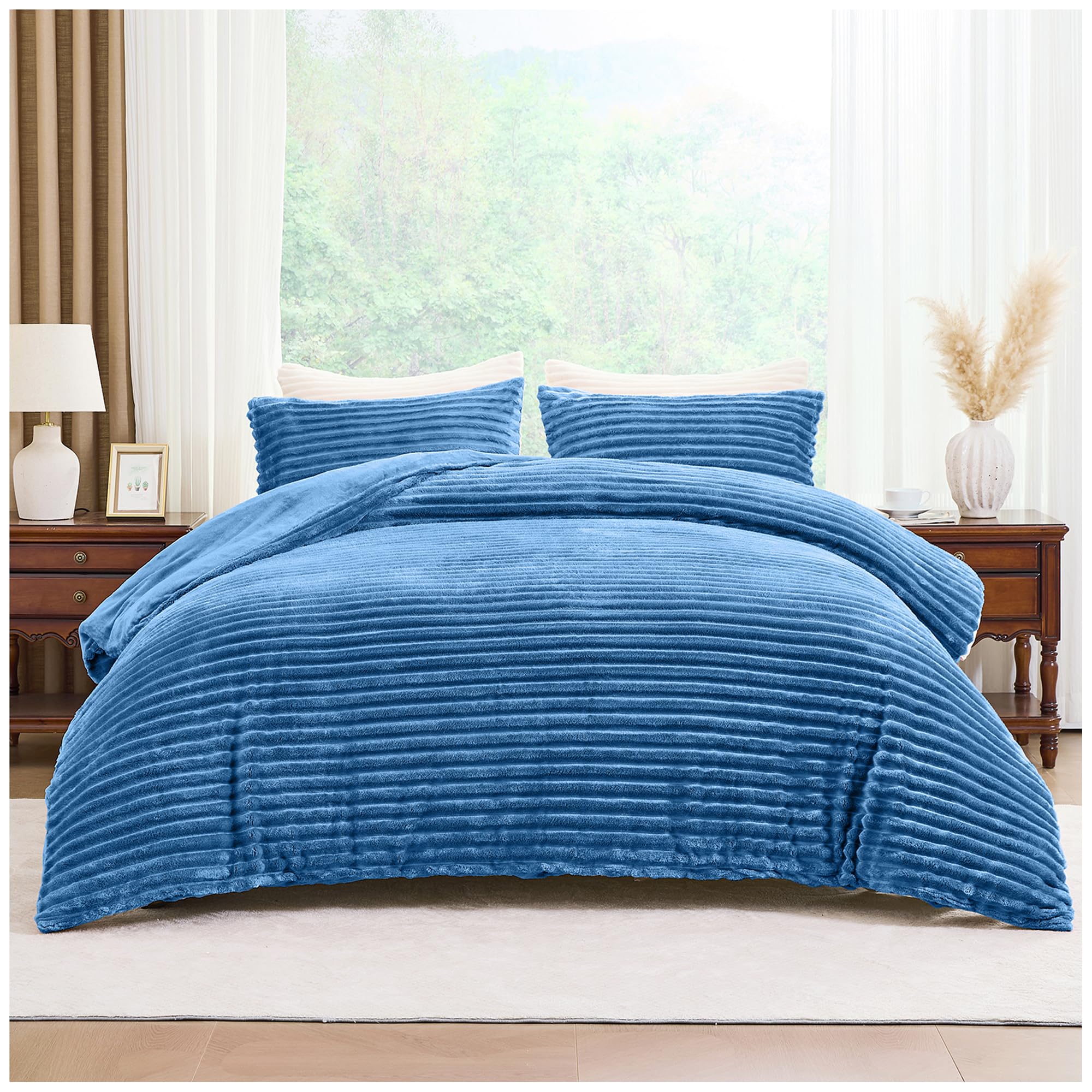 Lions Teddy Fleece Bedding Set - Thermal Ribbed Single Bed Duvet Cover with Matching Pillowcase, 100% Polyeser Warm Cosy Winter Quilt Covers, Denim Blue, 137x200cm