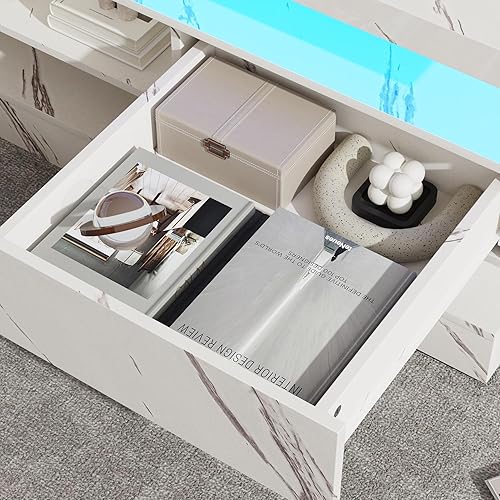 Miniatura 8 de Mesa de café moderna de 47.2 pulgadas con alto brillo LED y 2 cajones deslizantes, mesas centrales de doble capa con luces LED para muebles de sala