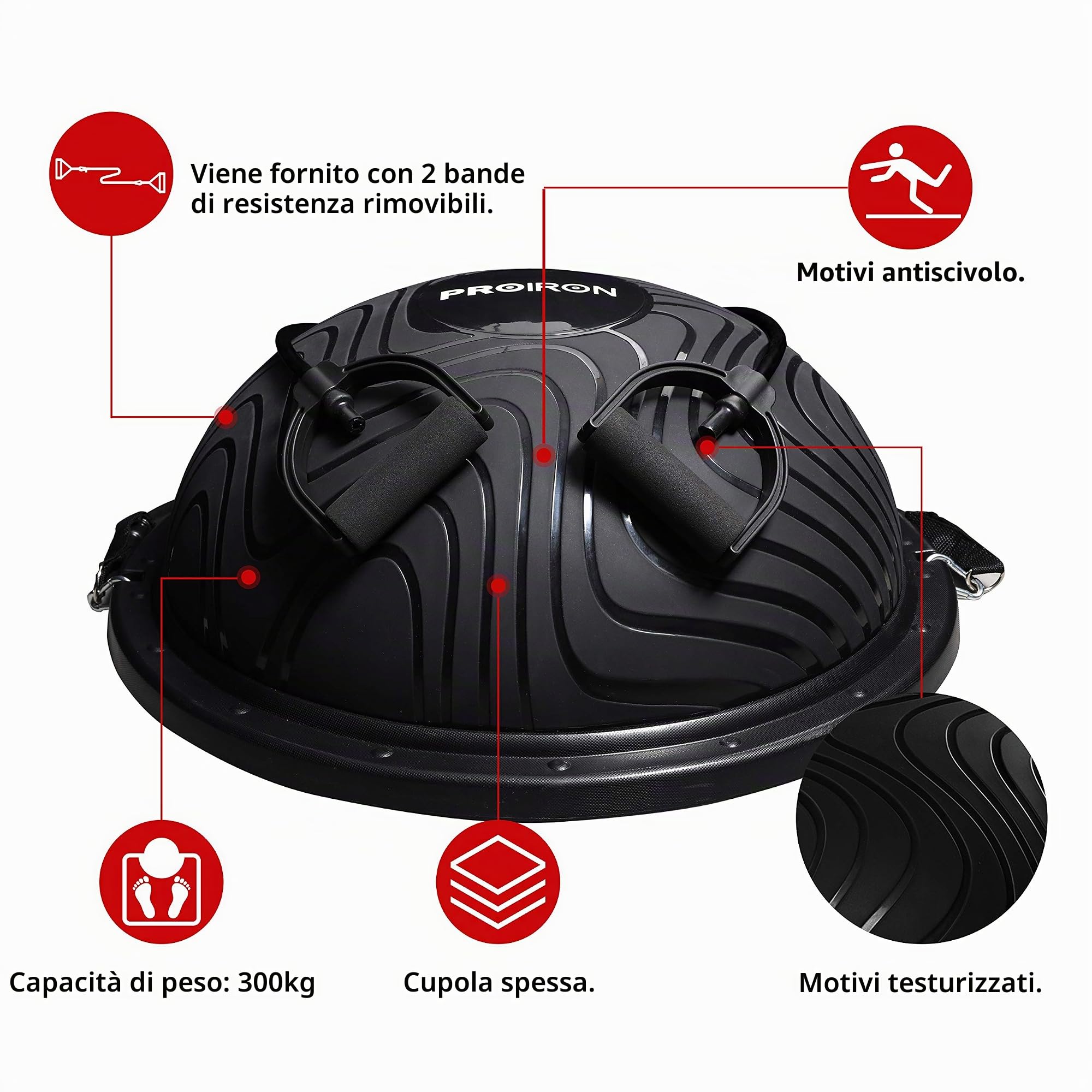 PROIRON Balance Trainer Ball Ø 60cm, Semisfera Equilibrio Fitness Mezza Palla con Cinghie Laterali e Pompa per Fitness Allenamento Bilanciamento del Corpo Fino a 300 kg