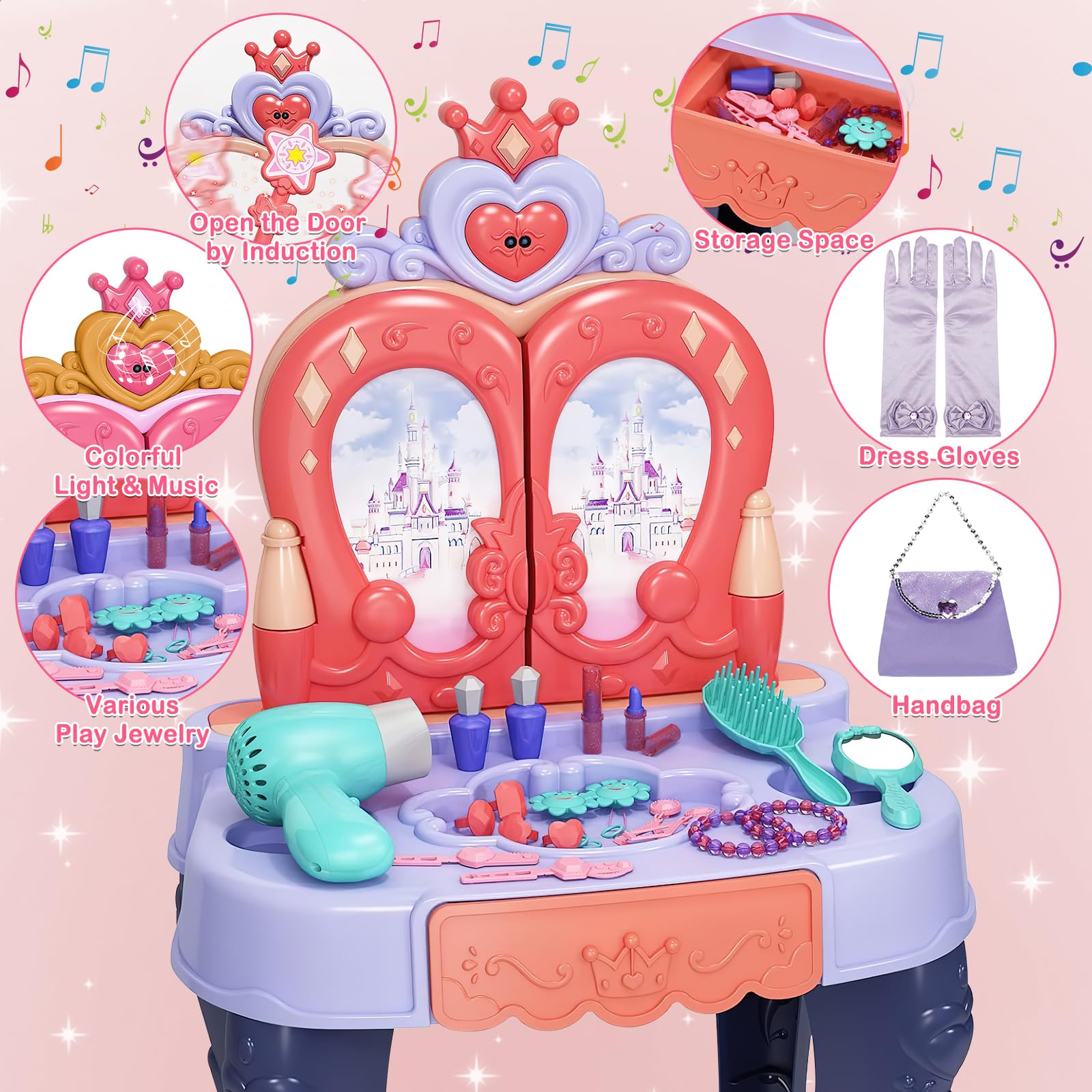 deAO Coiffeuse Enfant avec Miroir Tabouret et Accessoires, Coiffeuse pour Filles avec Lumière et Musique, Ouverture de la Porte par Induction, Kit de Maquillage pour Filles à Partir de 3 Ans - Bleu