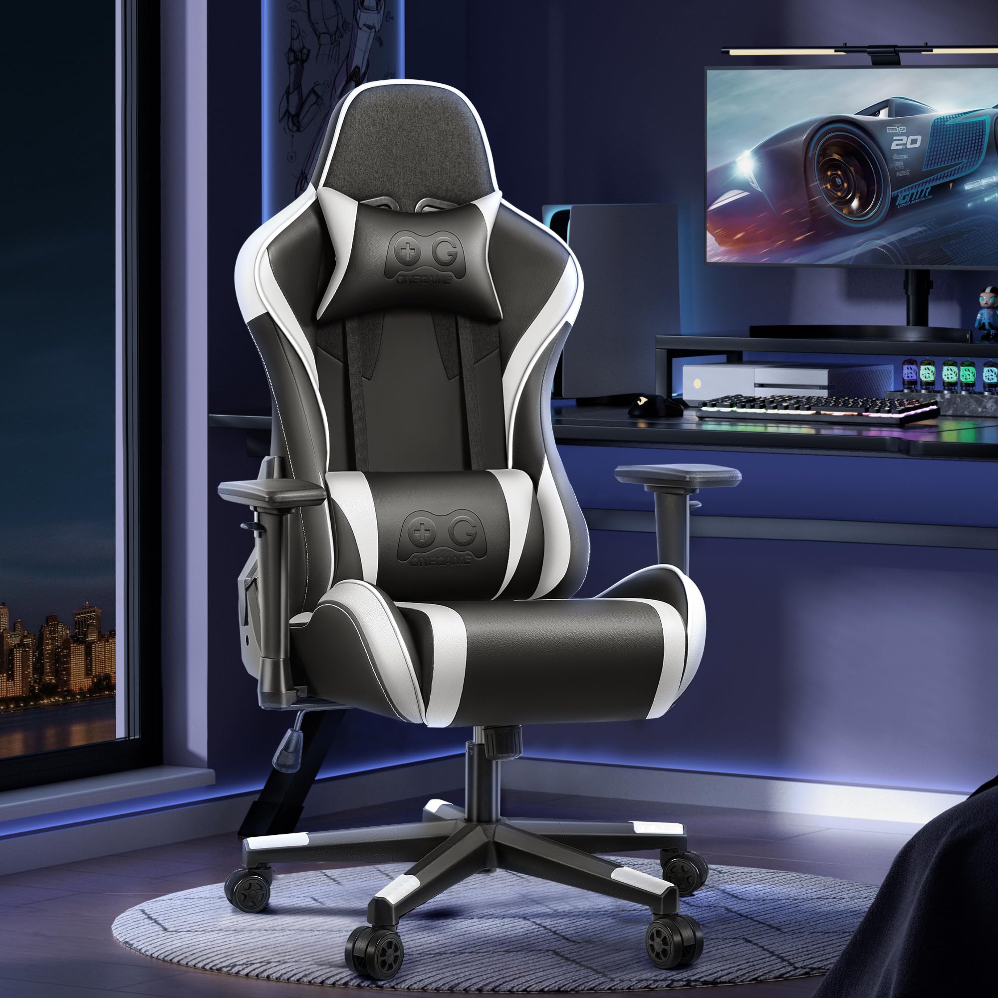 OneGame Sedia Gaming, 3D Braccioli Ergonomico Sedia da Gioco per Computer, Ufficio Regolabile in Altezza, Girevole con Cchienale Regolabile 155°, Bianco