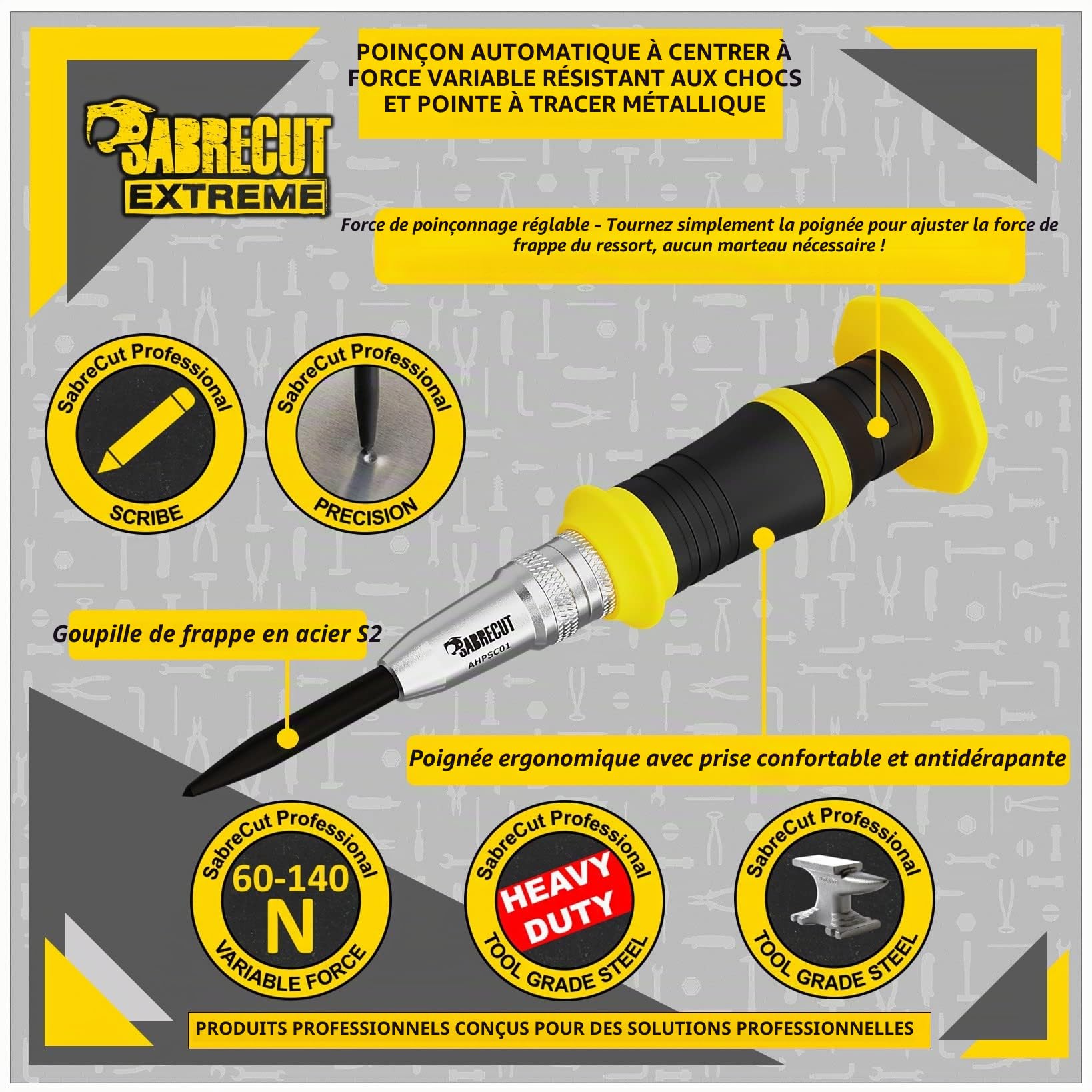 1 pièce SabreCut AHPSC01 Perforatrice centrale à ressort automatique robuste avec force de frappe réglable 60-140 Newtons Convient au métal au bois au plastique et à de nombreux autres matériaux
