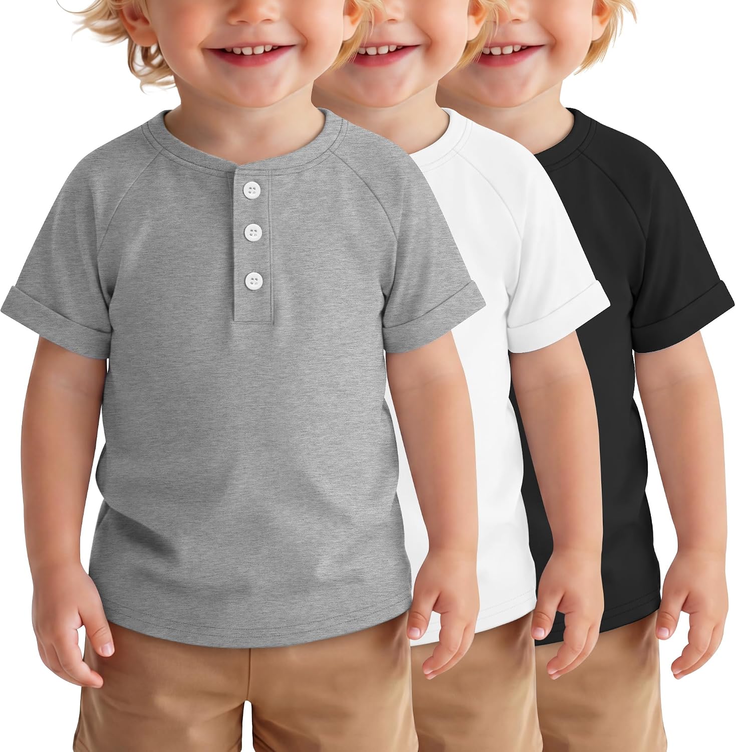 3 Pack Toddler Short Sleeve Henley Shirts for Boys Girls Rolled Cuff Solid Tee Tops Button T Shirts Size 18M-5T