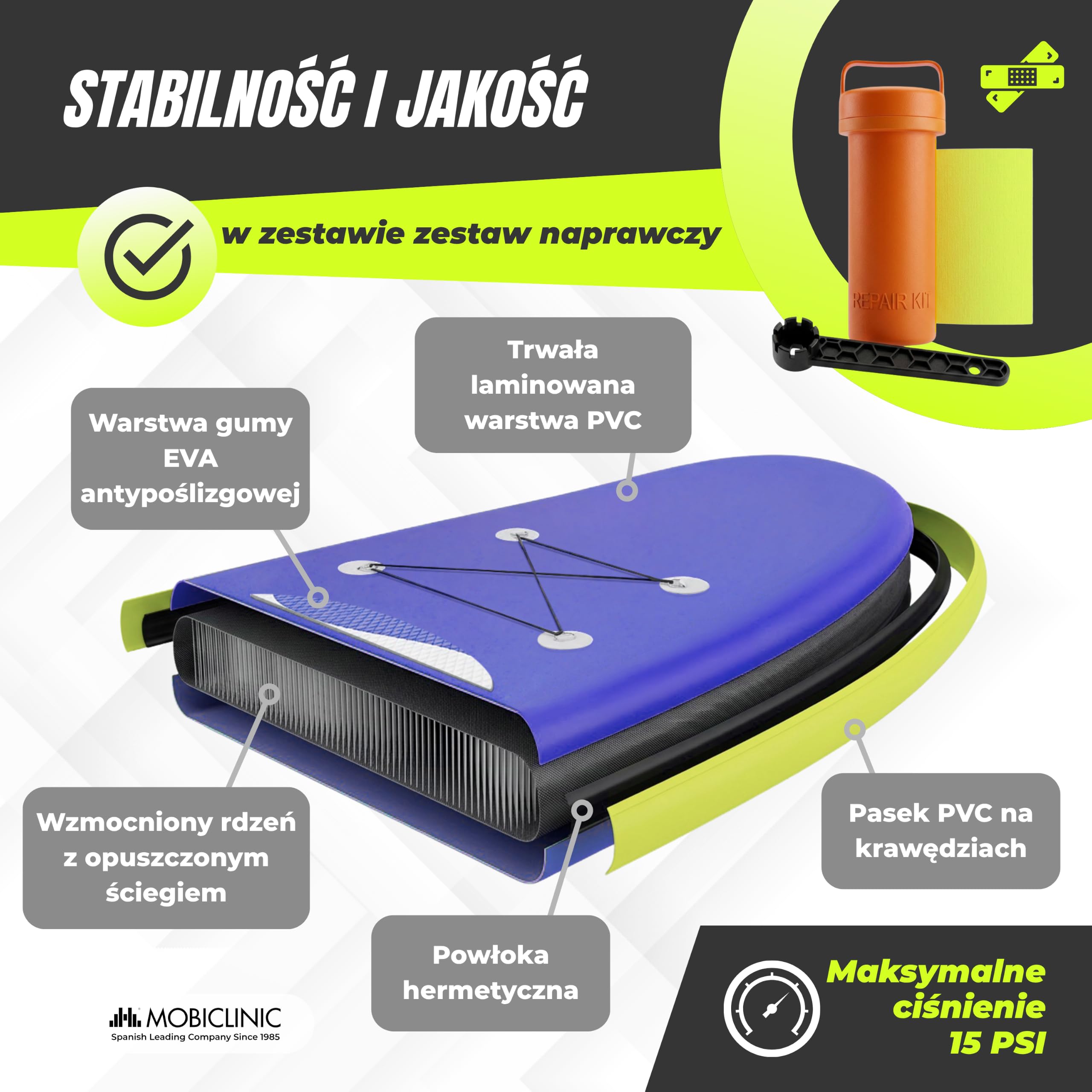 Mobiclinic®, Deska do Paddleboardingu, Zawiera Pompkę, Płetwy, Plecak, Wiosło, Etui na Telefon, Zestaw Naprawczy, 315x78x15 cm, Składana, do 150 kg, dla Dzieci, Dorosłych i Zwierząt Domowych, Stitch