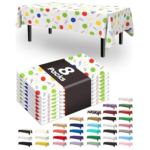 Pureegg Plastic Table Cloth Disposable 8 Pack, 54 x 108 Inch TableCloths, Picnic, Happy Birthday Decorations for Girls Boys, Baby Shower Party, Rectangle, Plastic Cover, Leakproof & Sturdy, Birthday