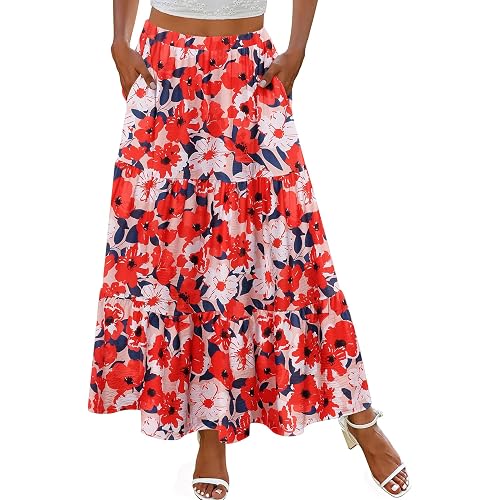Zeagoo Skirts for Women Summer Boho Casual Maxi Flowy Elastic High Waist A-Line Tiered Swing Floral Long Skirts with Pockets