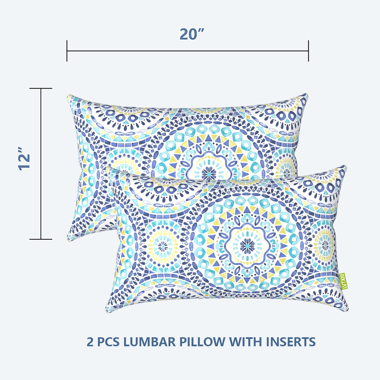 LVTXIII Outdoor/Indoor Lumbar Pillows, Decorative Patio Lumbar Cushions, Fluffy Water Repellent Garden Cushions for Home Patio Coach Sofa Use, 12×20 Inch, Pack of 2, Delancey Lagoon
