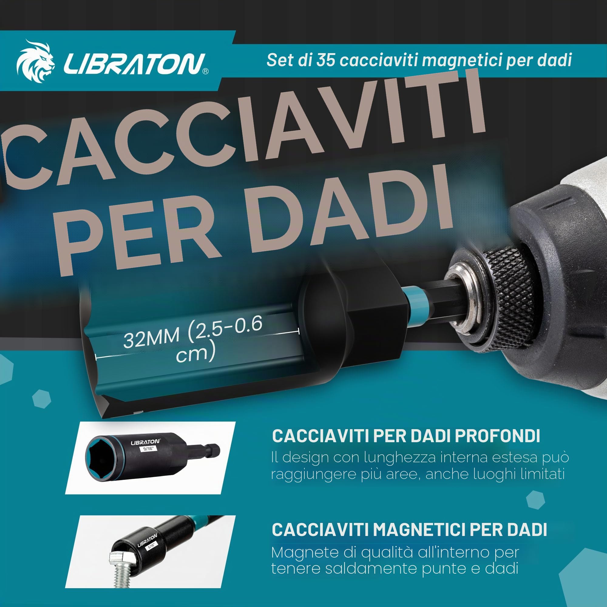LIBRATON Set di Giradadi Magnetici, Punte per Avvitatori da 35, Bussole per Avvitatore Profondi, Dadi per Bussole Metrico e SAE per Trapani, Giradadi ad Aletta, Portapunte, Puntas, con Cassetta