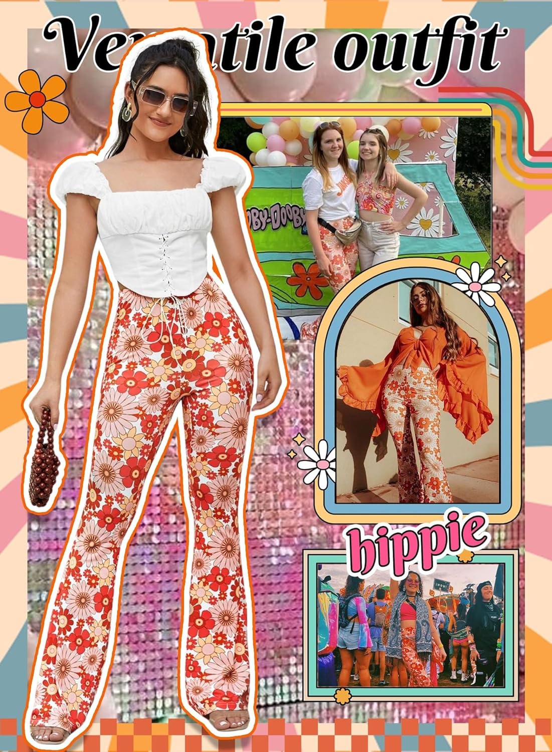 70s Flare Pants for Women - EDC Rave Festival Outfit High Waist Bell Bottom Boho Cute Groovy Disco Trousers - Image 5