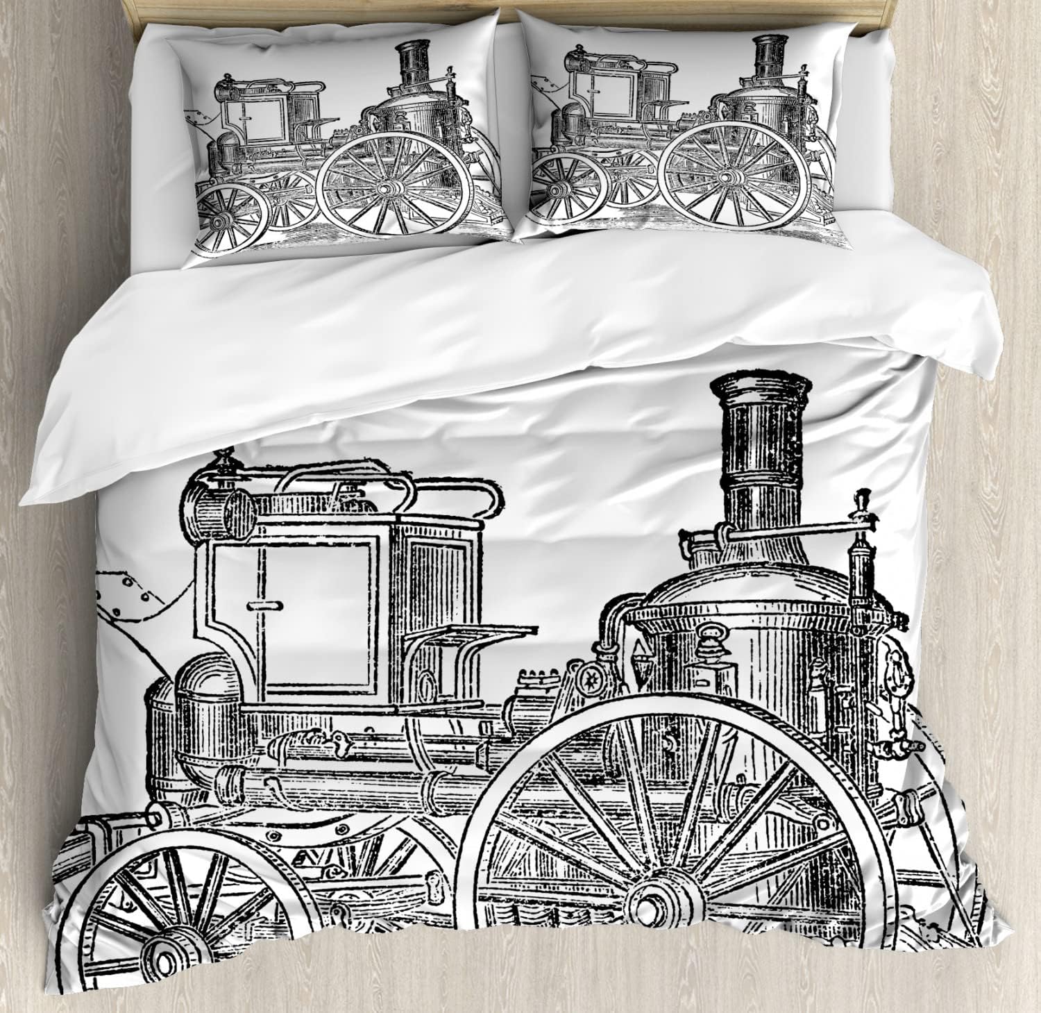 Ambesonne Steam Engine Duvet Cover Sets, Old Fireman Truck Drawing Effect Picture British Antique Transport, Bedding Set with 2 Duvet Covers & 4 Pillowcases, 2 Pack Queen Size, Charcoal Grey White