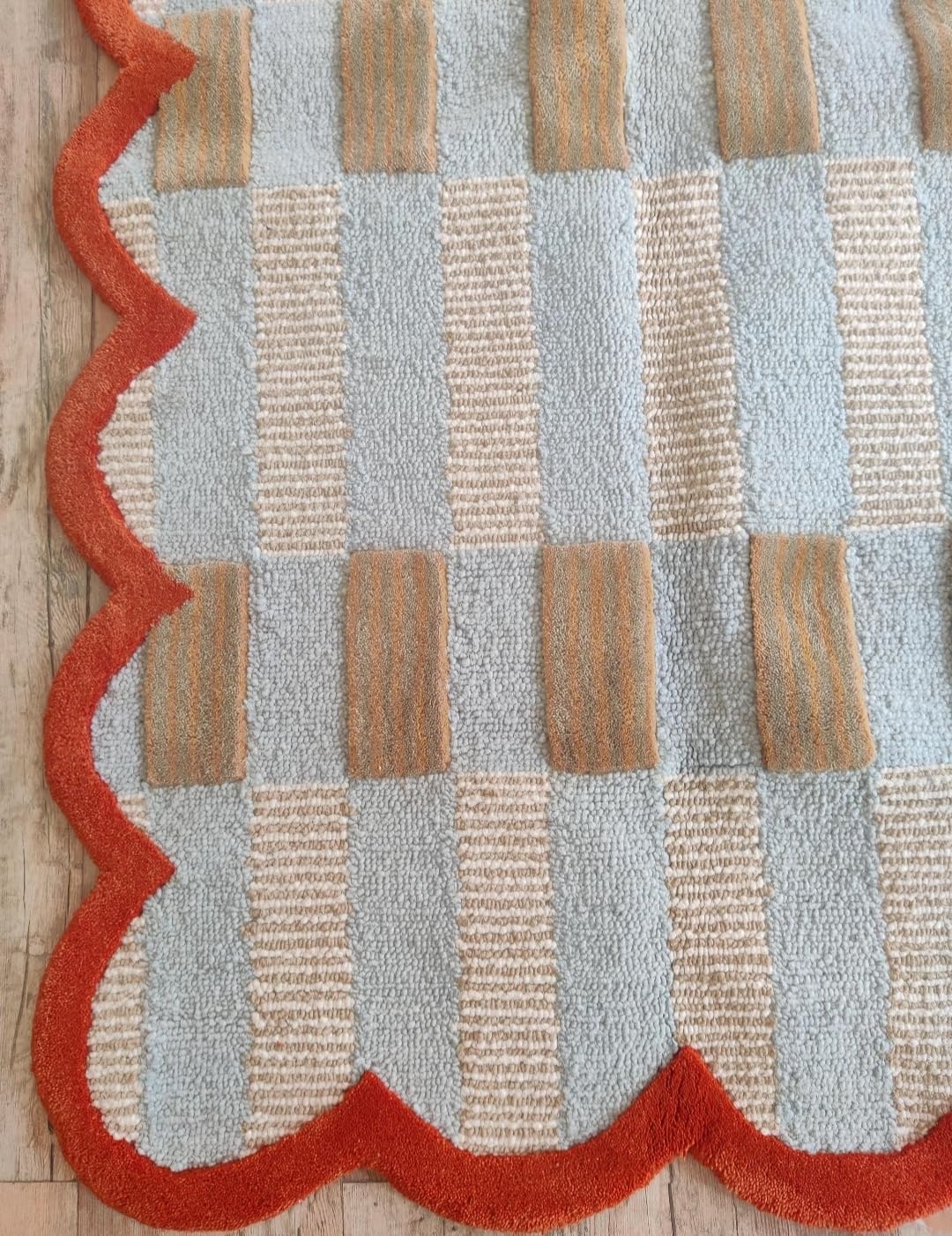 Area Rug with Scalloped Border, Geometric Checkered Pattern, Blue Tan Orange, Handwoven Textured Design (240 * 300 cm)