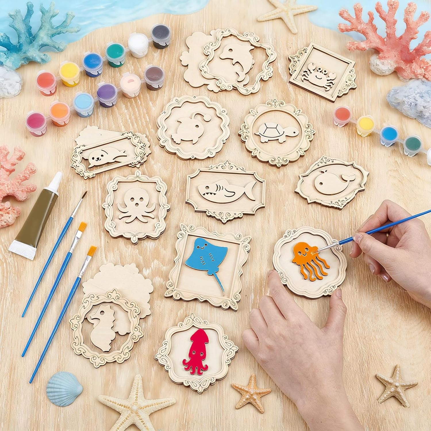 twinklemon 12PCS Under the Sea Party Favors Unfinished Wood Ocean Animal Cutouts with 18 Paint 4 Brush 1 Glue Wooden Arts & Crafts Painting Kit Ocean Animals Birthday Party Supplies