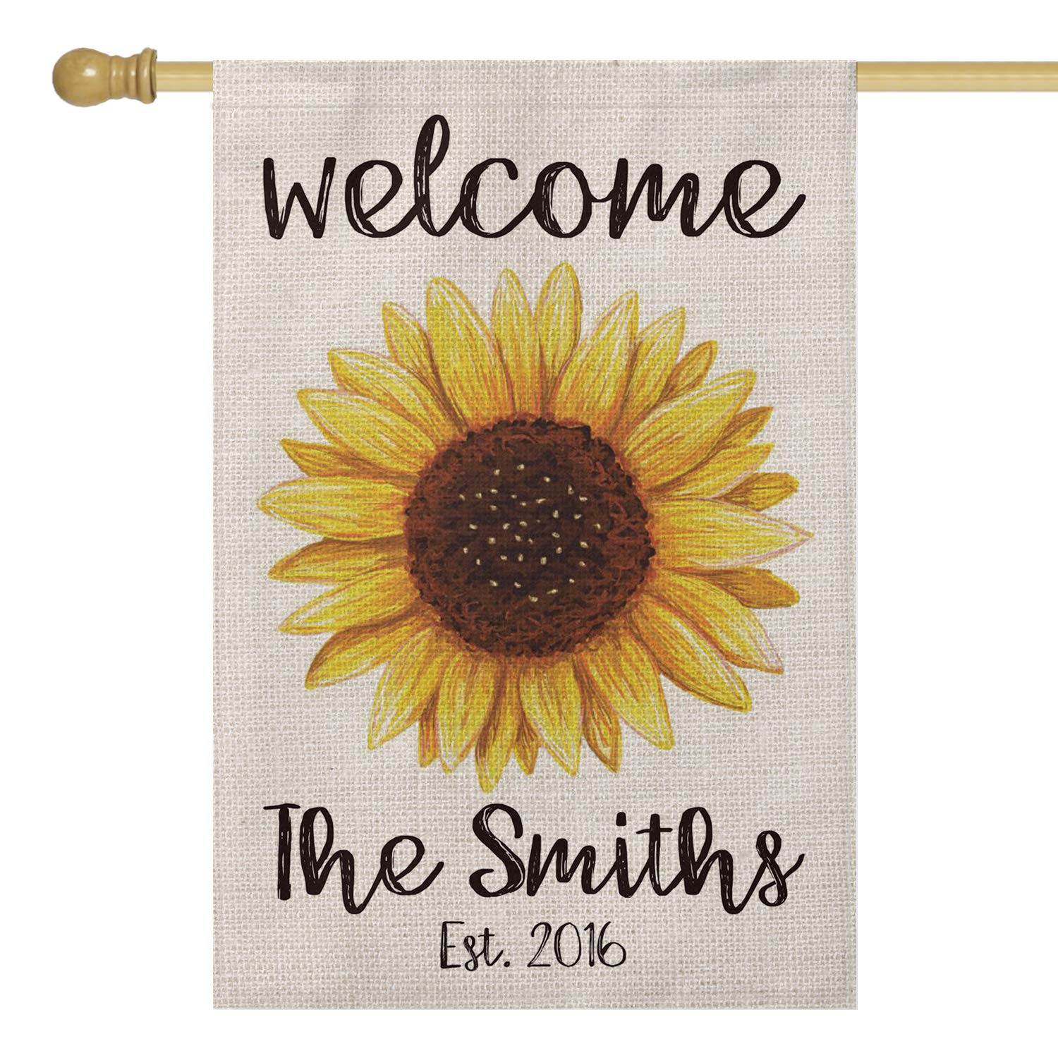 SMILE Personalized Welcome Sunflower House Flag, Customized Family Last Name And Established Year Summer Spring Flower, Double Sided 28 x 40 Inch