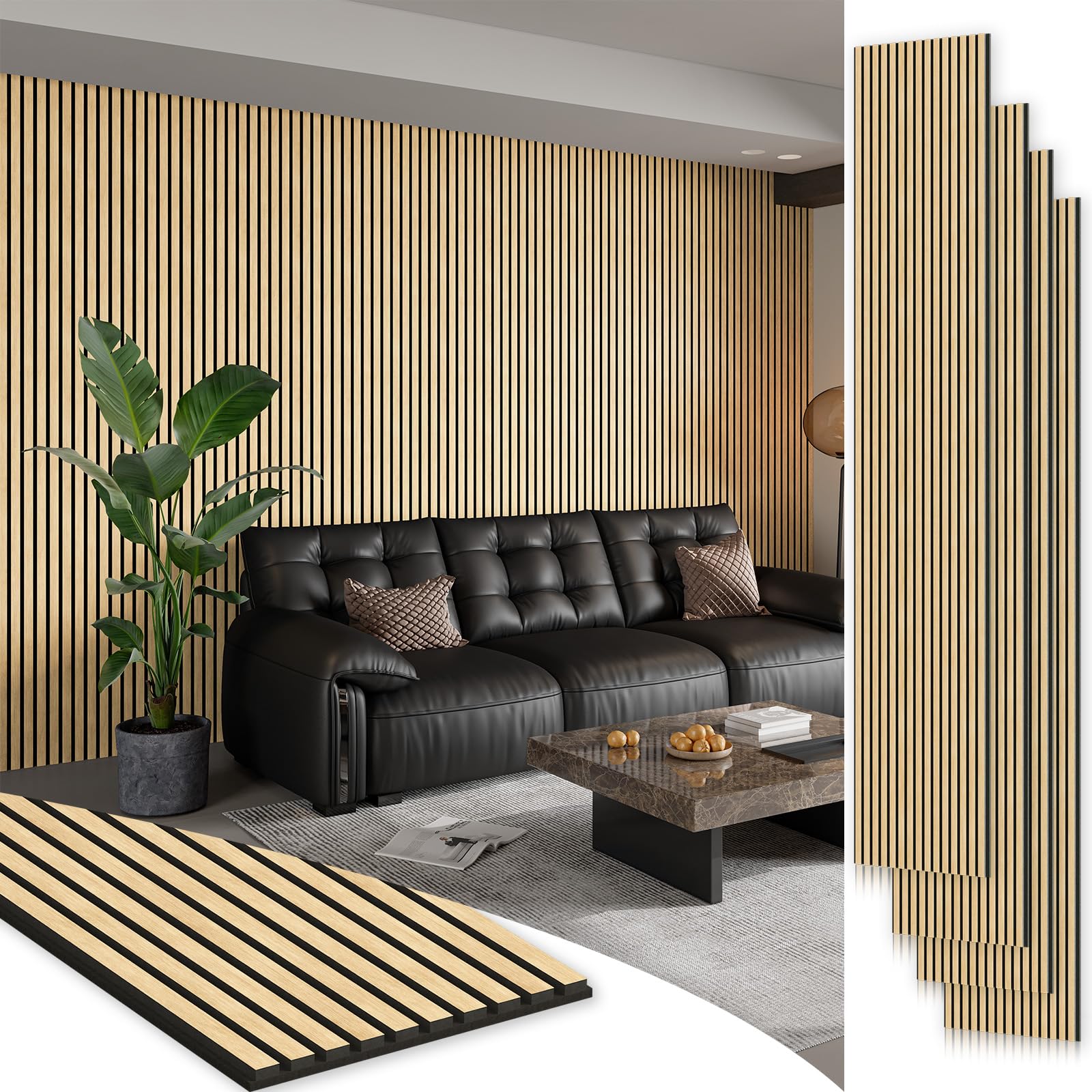 smartstandard 4 pack 105.9" x 12.6" wood slat wall panels, soundproof wooden wall panels, acoustic wood panels for wall, 3d fluted wood panels for interior wall decor, white oak