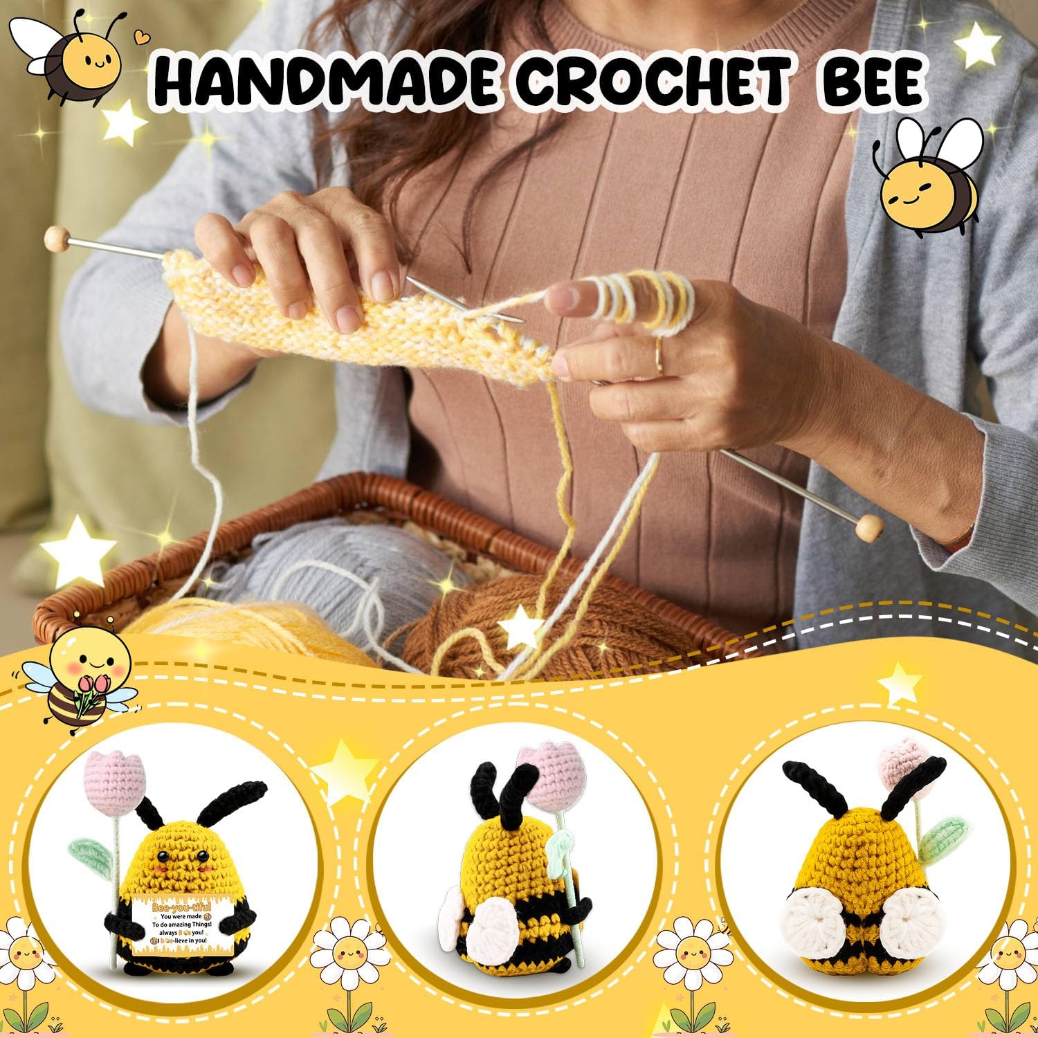 Inspirational Gift for Women Men Funny Handmade Crochet Bee Stuffed Animal Emotional Motivational Support Crochet for Teacher Appreciation Boss Nurse Office Home Desk Decoration - Image 2