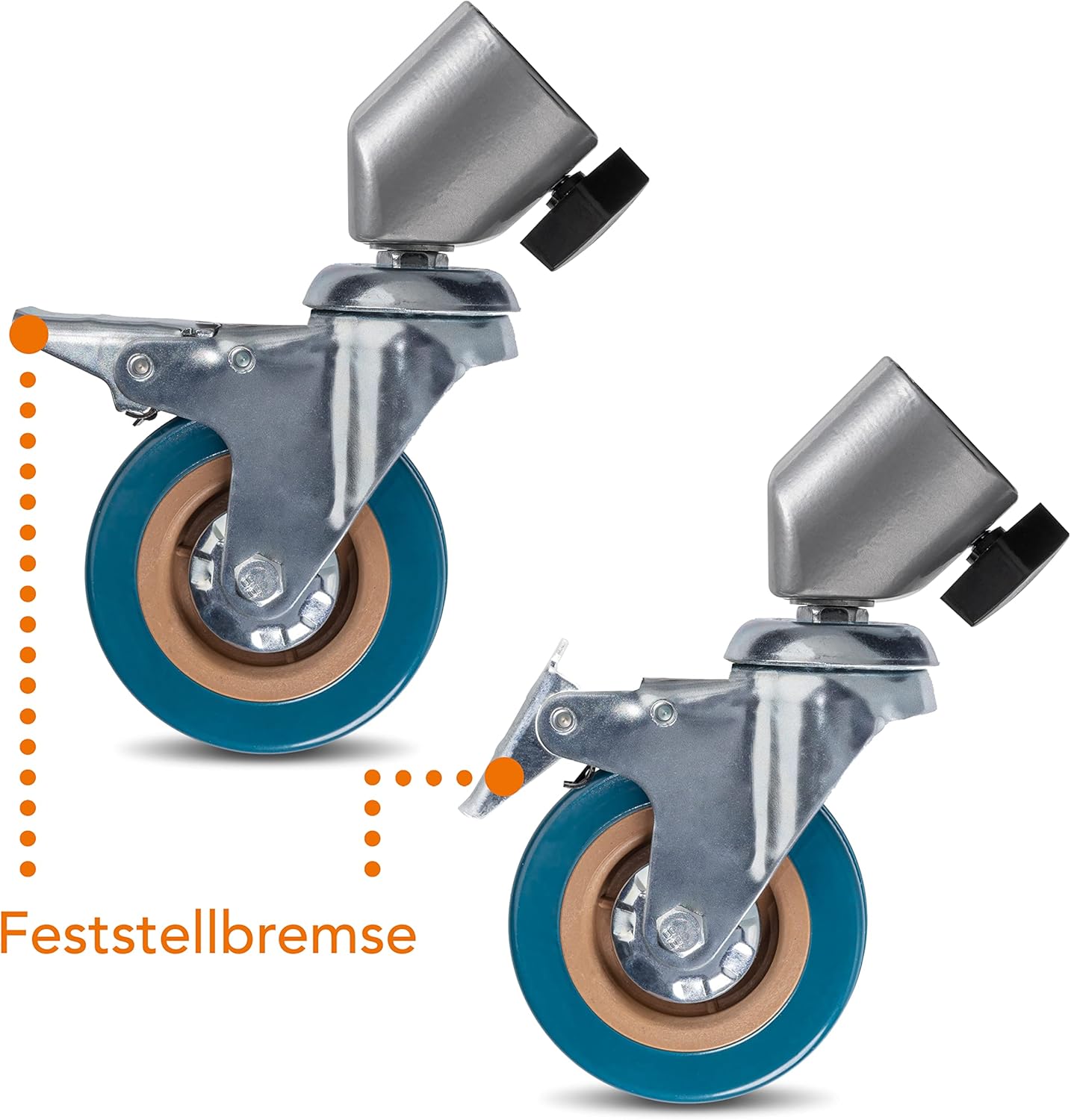 Two tripod wheels demonstrating the step-lock brake mechanism