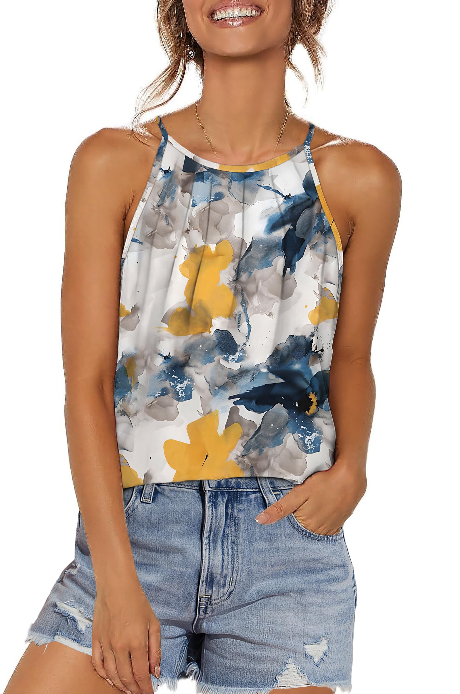 WIHOLL Womens Pleated Tank Tops Spaghetti Strap Camisole Halter Tops Curved Hem Fashion 2025