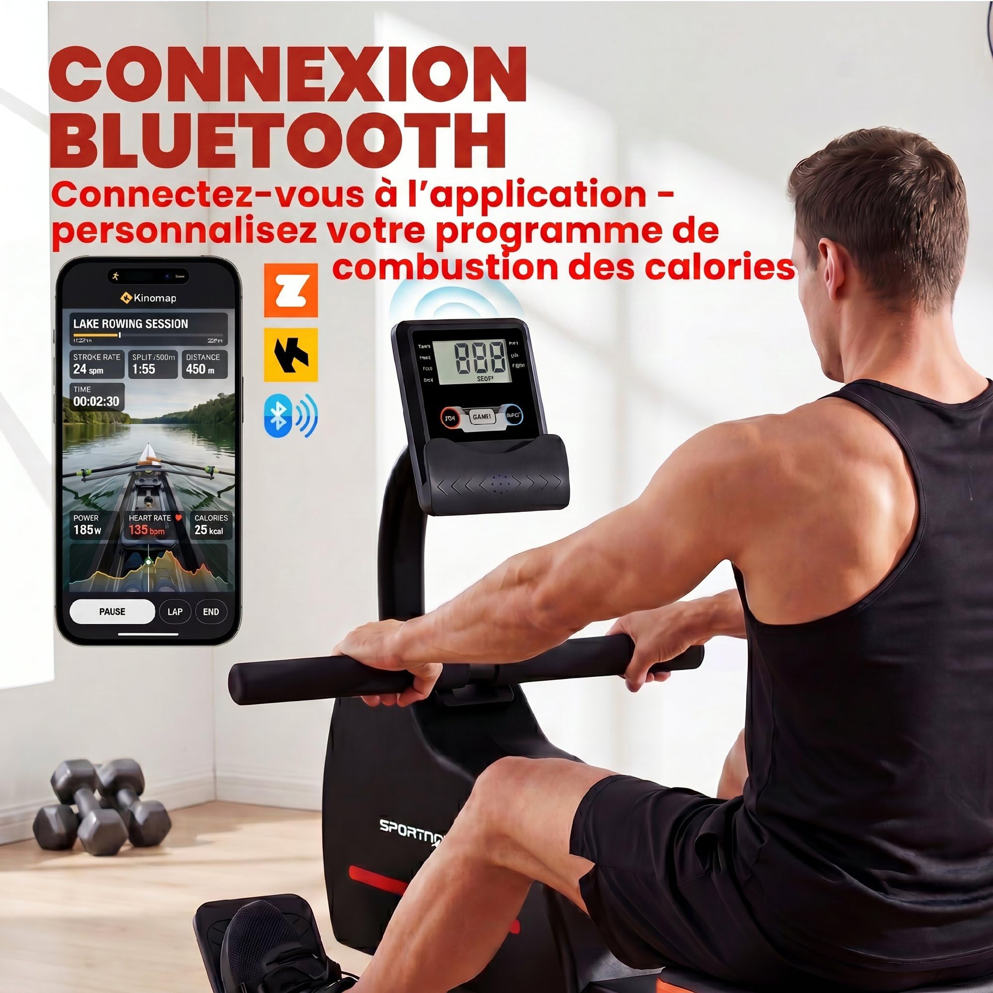 SPORTNOW Rameur Magnétique avec Bluetooth Appareil de Musculation Connecté Kinomap & Zwift - 16 Niveaux de Résistance - Rameur Silencieux avec Écran LCD pour Sport à la Maison et Perte de Poids, Rouge