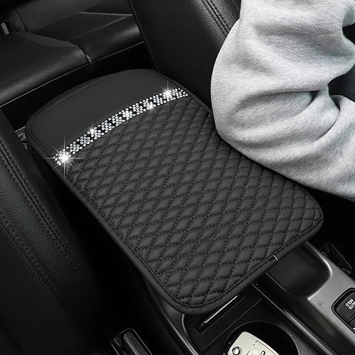 Miniatura 7 de NHHC Funda de cuero brillante para reposabrazos de automóvil protector de consola central de automóvil con diamantes de imitación de cristal