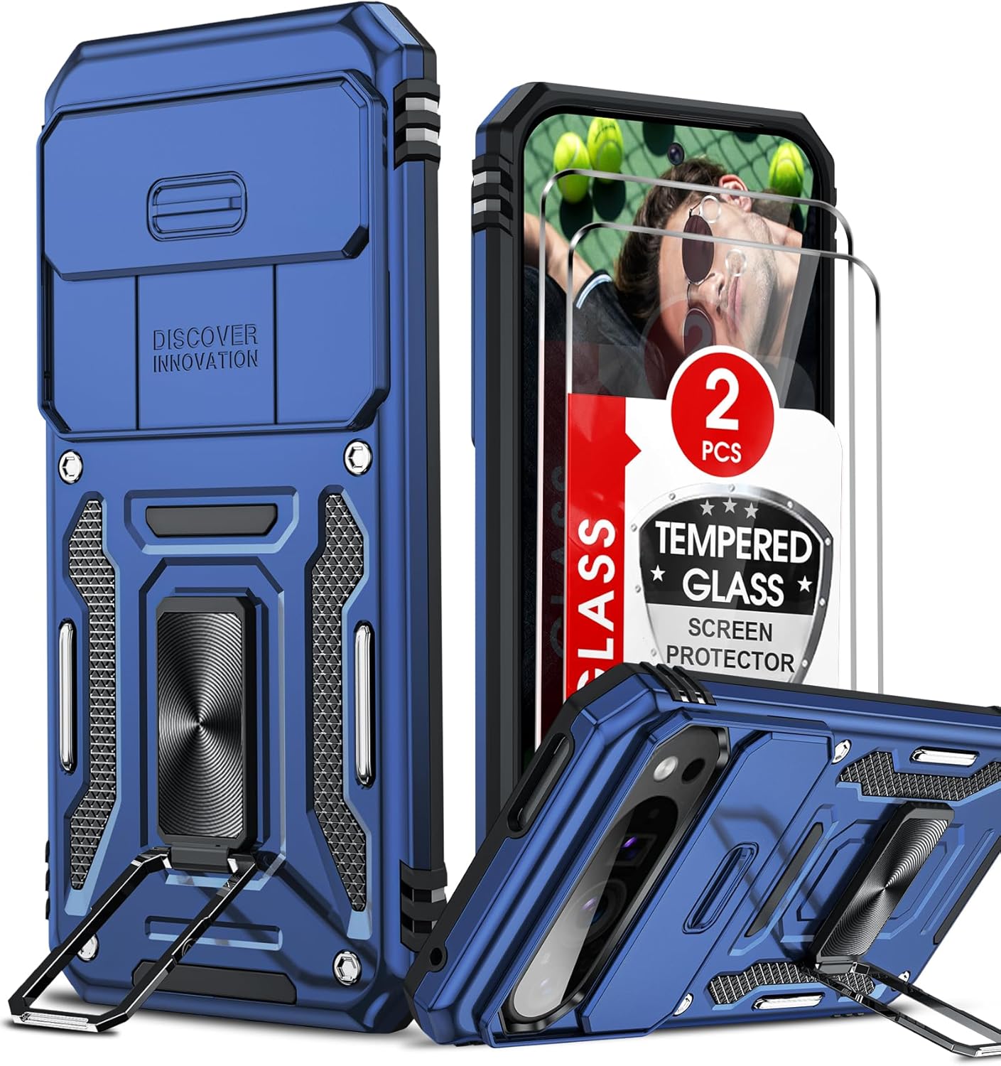 LeYi for Pixel 9 Pro Case/Pixel 9 Case, Google Pixel 9 Case 6.3 Inch with 2 PCS Tempered Glass Screen Protector & Slide Camera Cover, Military-Grade with Kickstand Funda para Pixel 9, Navy Blue