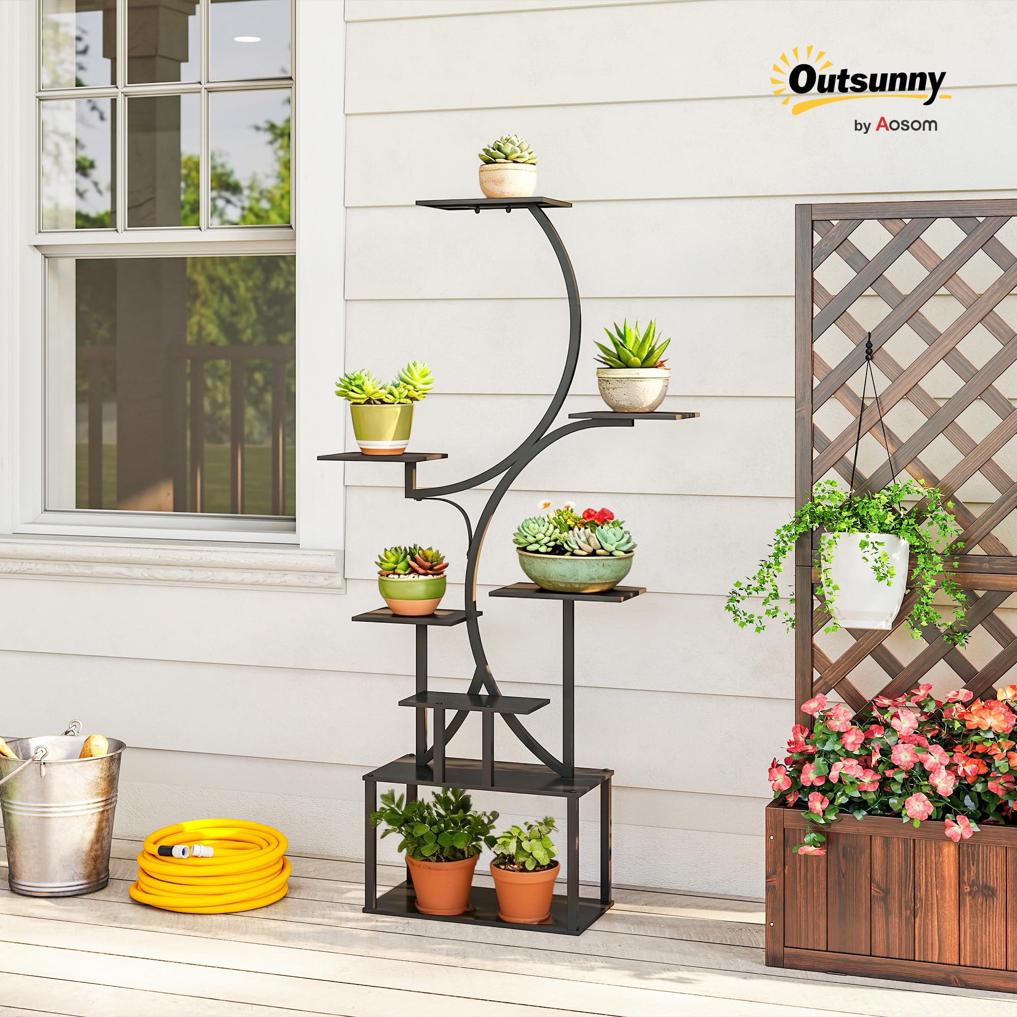 Outsunny Étagère à Fleurs en Métal à 8 Niveaux, Étagère à Plantes en Forme de S 158,5 cm, Support de Plantes, Intérieur et Extérieur, pour Jardin, Balcon, Terrasse ou Coin du Salon, Noir
