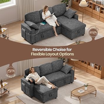 Corner Sofa Bed, L-Shaped Convertible Sleeper Sectional Sofa Bed with USB & Type-C Ports, Storage, Cup Holders and 2 Cushions, 3 Seater Chenille Pull Out Couch Bed for Living Room, Bedroom, Grey