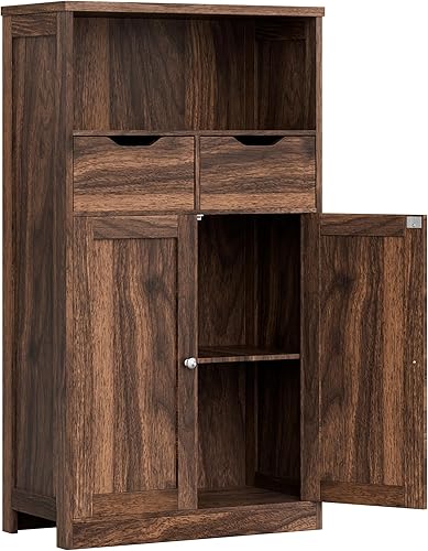 Vongrasig Armario de almacenamiento de baño, armario de despensa independiente con 2 cajones y estantes ajustables, organizador de almacenamiento de