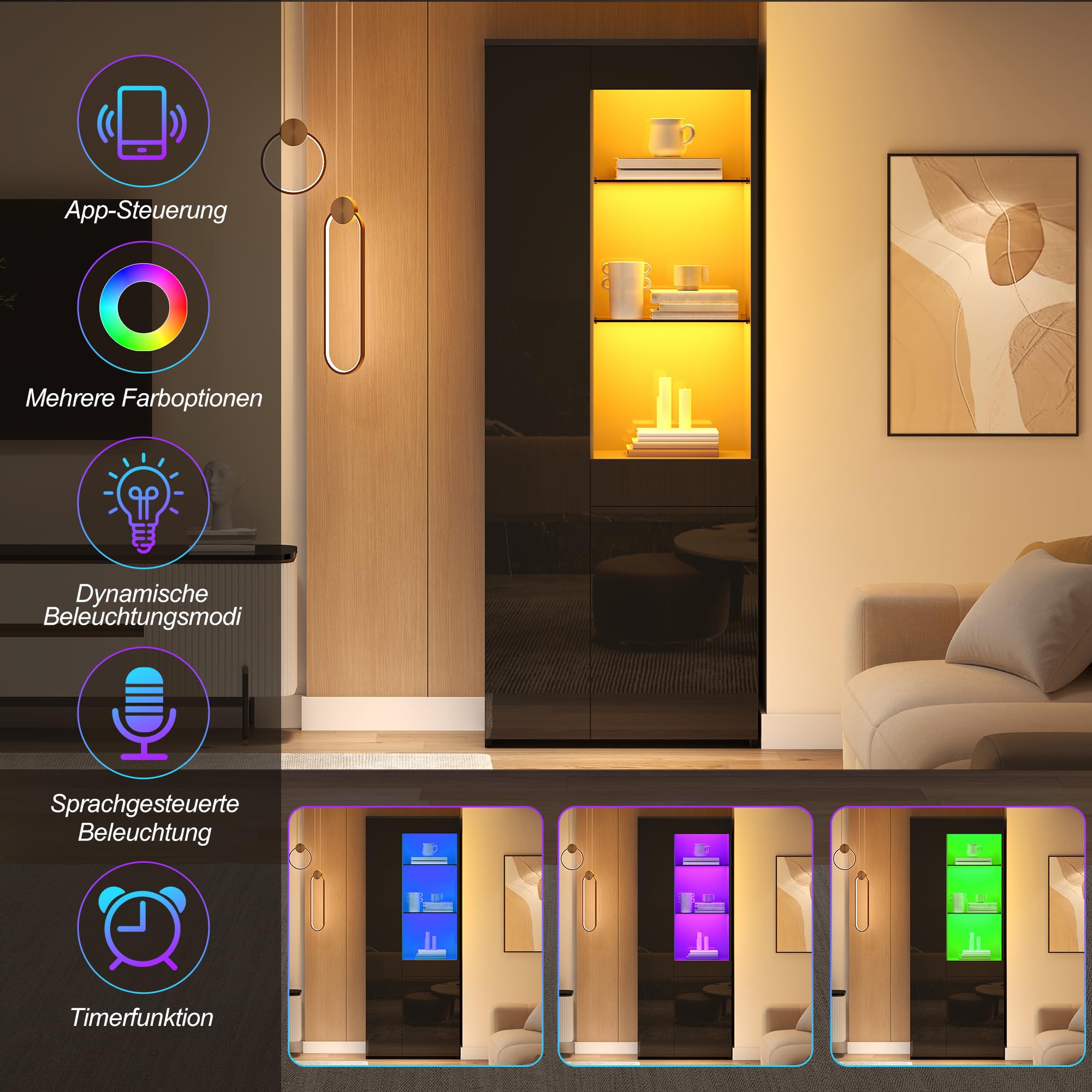Vitrine Haute avec Tiroirs et Eclairage LED,Meuble Haut Vitré Autoportant,Charge Max 45kg,Rangement pour Salon