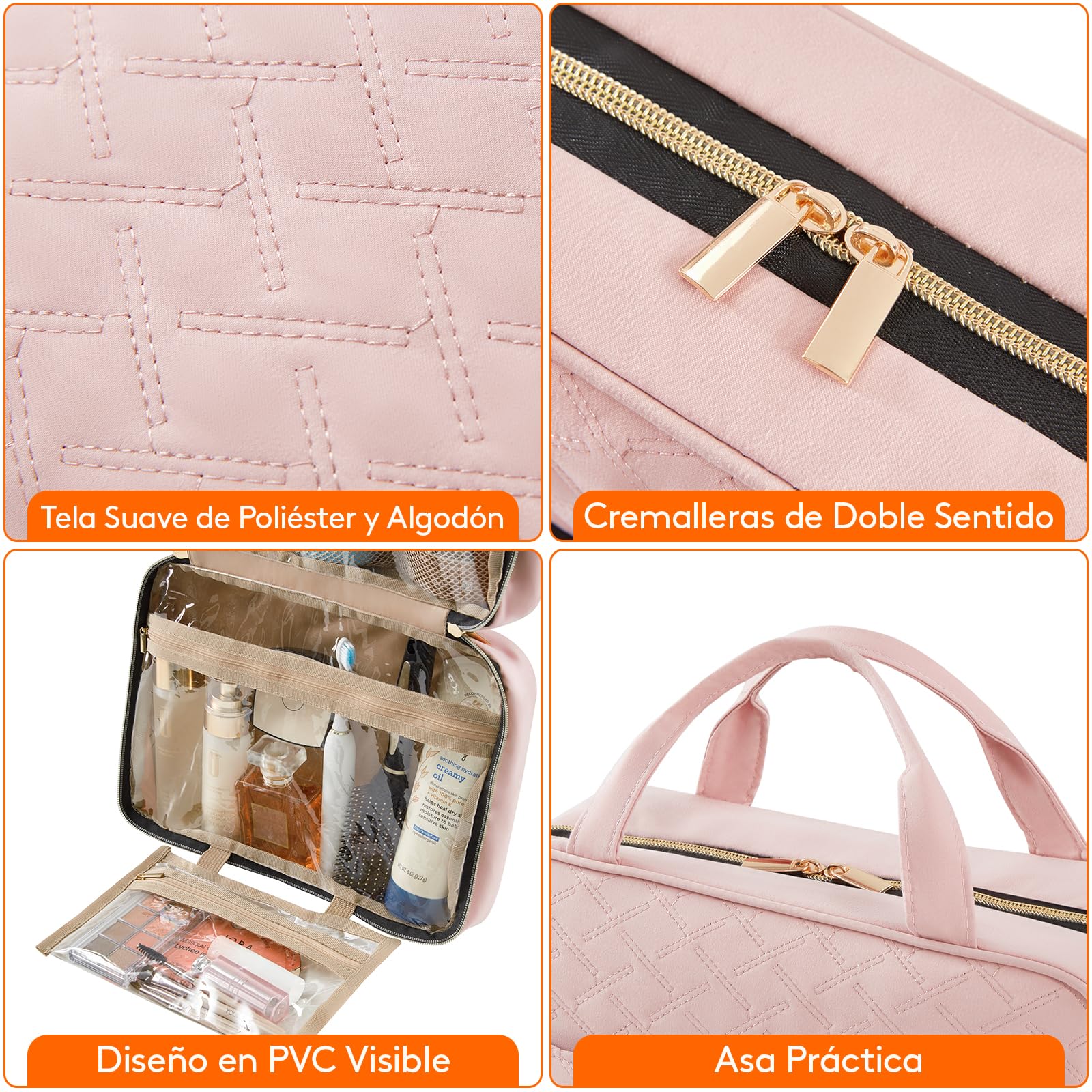 Lifewit Neceser Mujer Viaje, Bolsa de Maquillaje Organizador para Colgar, Grande Bolsas de Aseo con 4 Compartimentos Transparentes, Makeup Bag con Gancho, Grande, Rosa