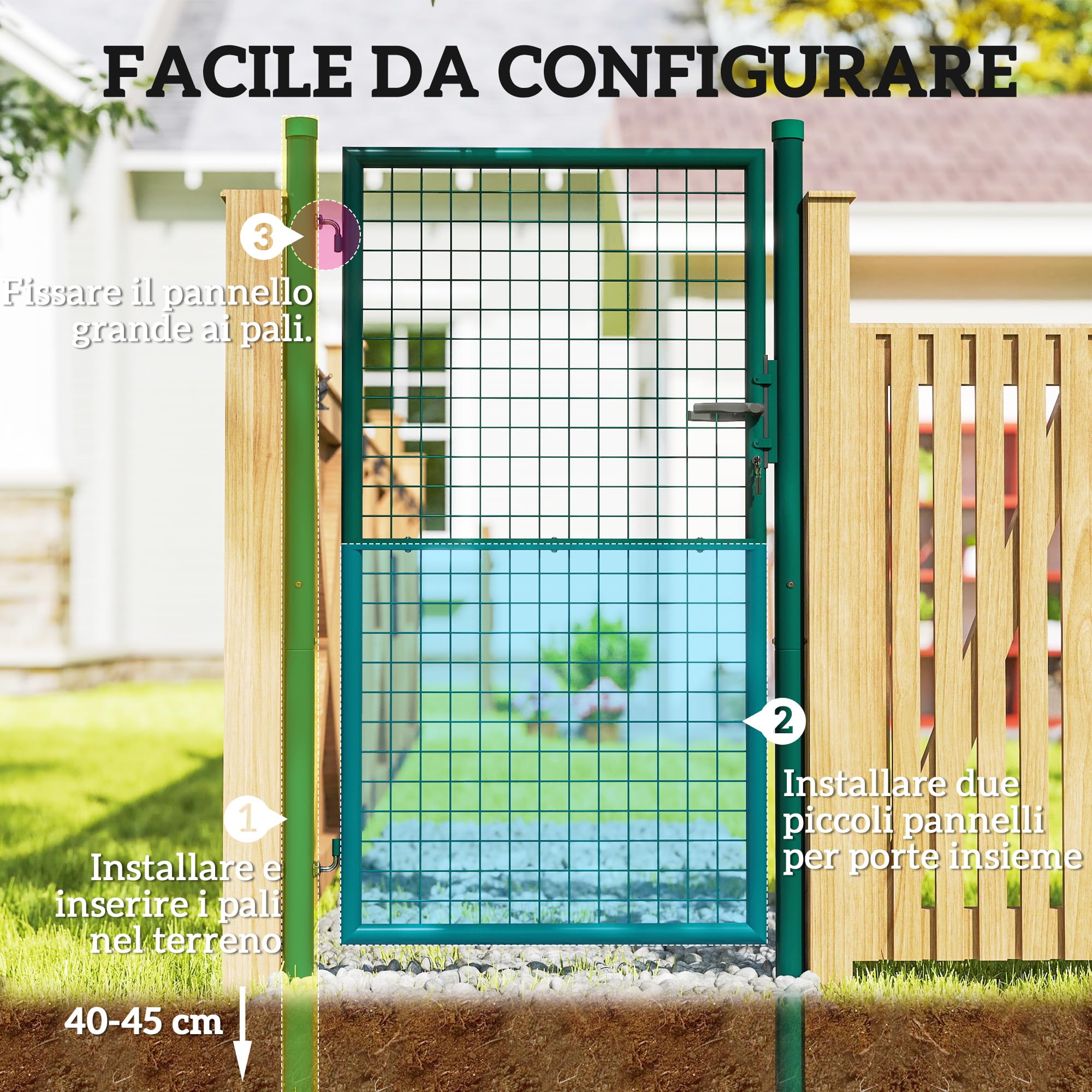 Outsunny Cancello da Giardino in Acciaio 97x200 cm, Cancelletto da Giardino con Serratura, 3 Chiavi, Maniglia e 2 Pali, Cancello Esterno per Ingresso Cortile e Terrazzo, Verde