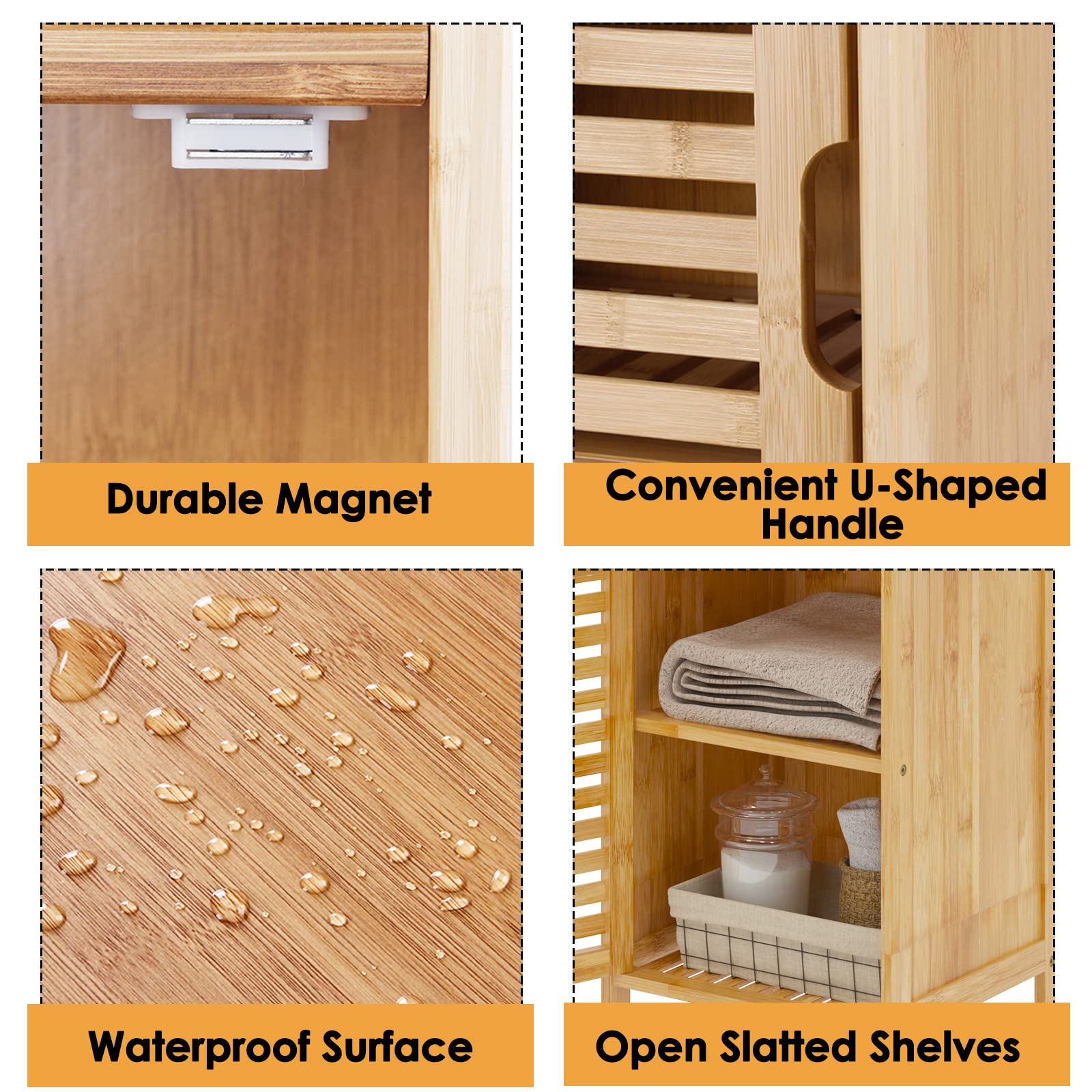 soges Bambus Schrank Badezimmerschrank | Beistellschrank mit Lamellentür und Regale, Stehendes Bambus Regal für Wohnzimmer & Badezimmer