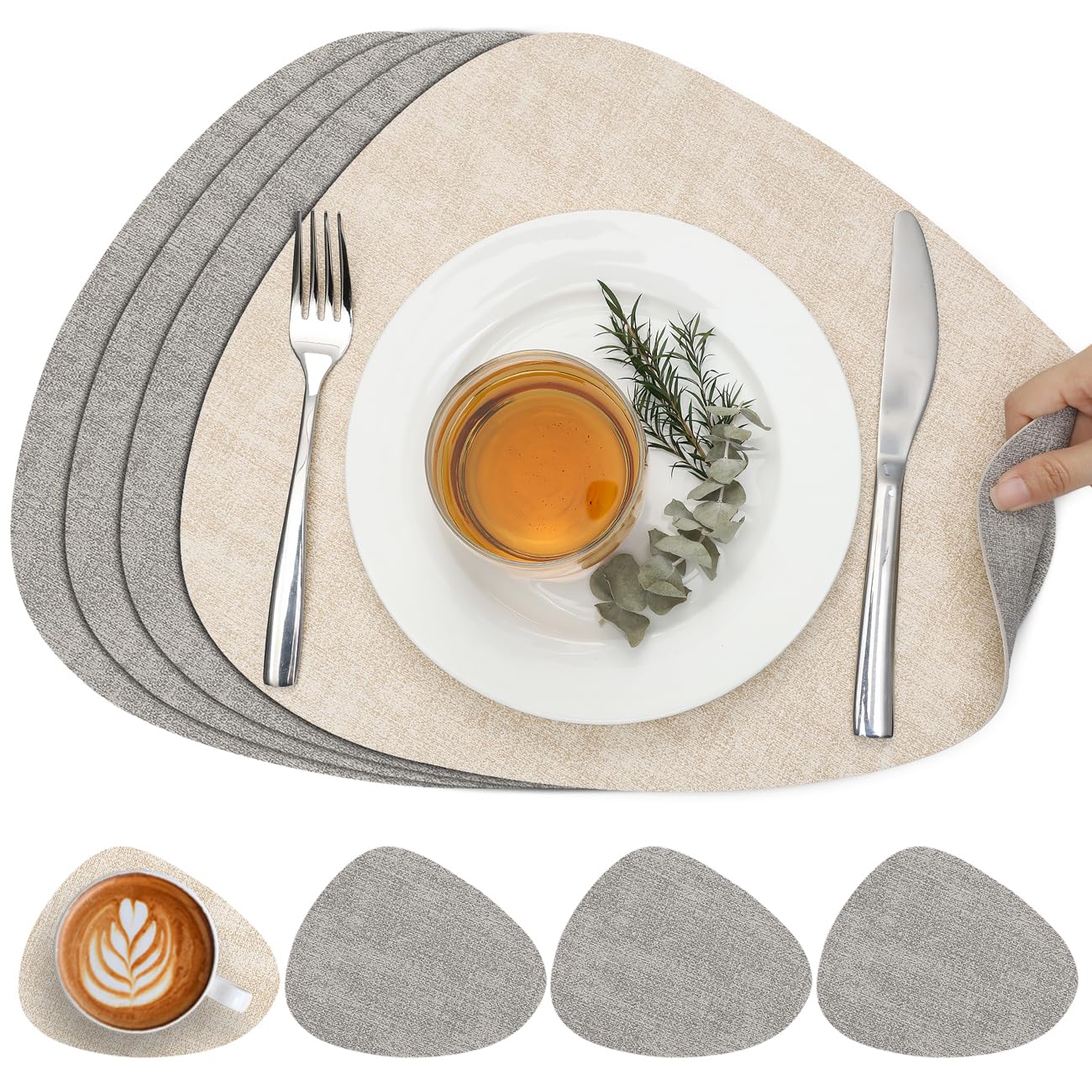 Chitomars Placemats and Coaster Set of 4, Place Mats Table Mats Coffee Mats Placemats set of 4 Triangle Waterproof Wipeable Dual Sided Kitchen Heat Resistant Non-Slip Washable