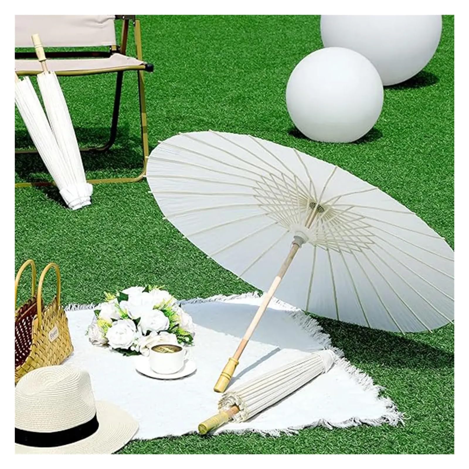 1/6PC Hochzeitsfestbevorzugung Papiersonnenschirm Holzgriff Regenschirm Weißer Papierschirm Brautparty Hochzeitsdeko Zubehör für Feier Fotografie(Diameter-84cm,1PCS)