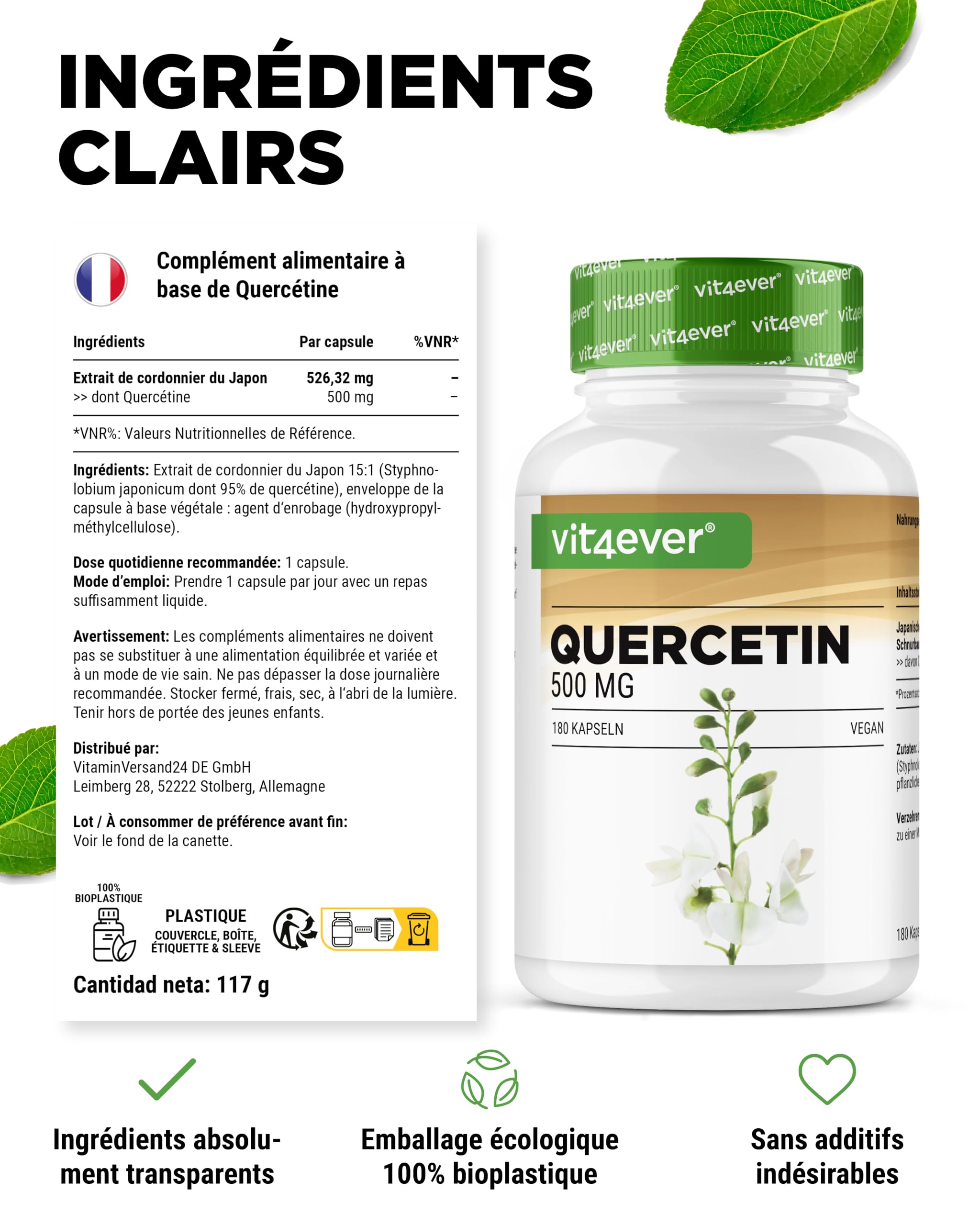 Quercétine - 500 mg - 180 Gélules - 6 Mois d'Approvisionnement - Premium : Extrait Naturel de Fleurs de Chêne à 15:1 avec 95% de Quercétine - Hautement Dosé - Végétalien