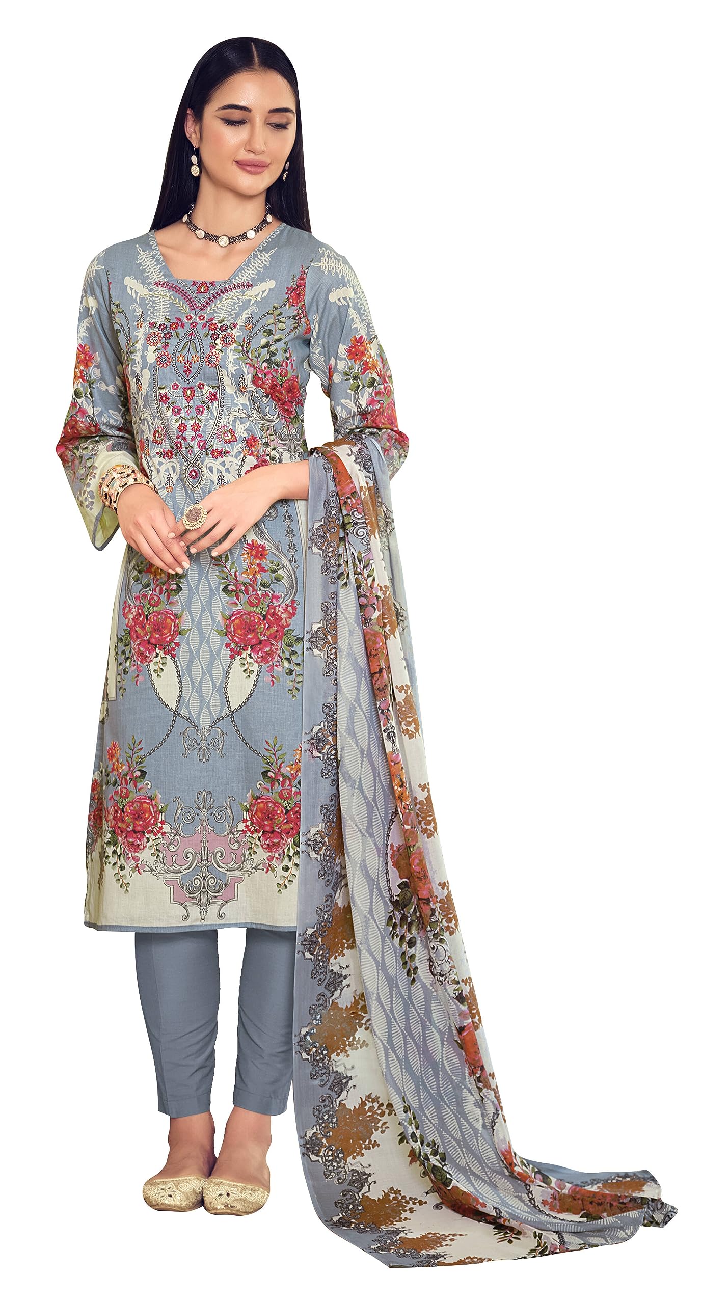 Women's Unstitched Pakistani Print Thread Embroidered Pure Cotton Salwar Suit Dress Materials with Cotton Printed Dupatta