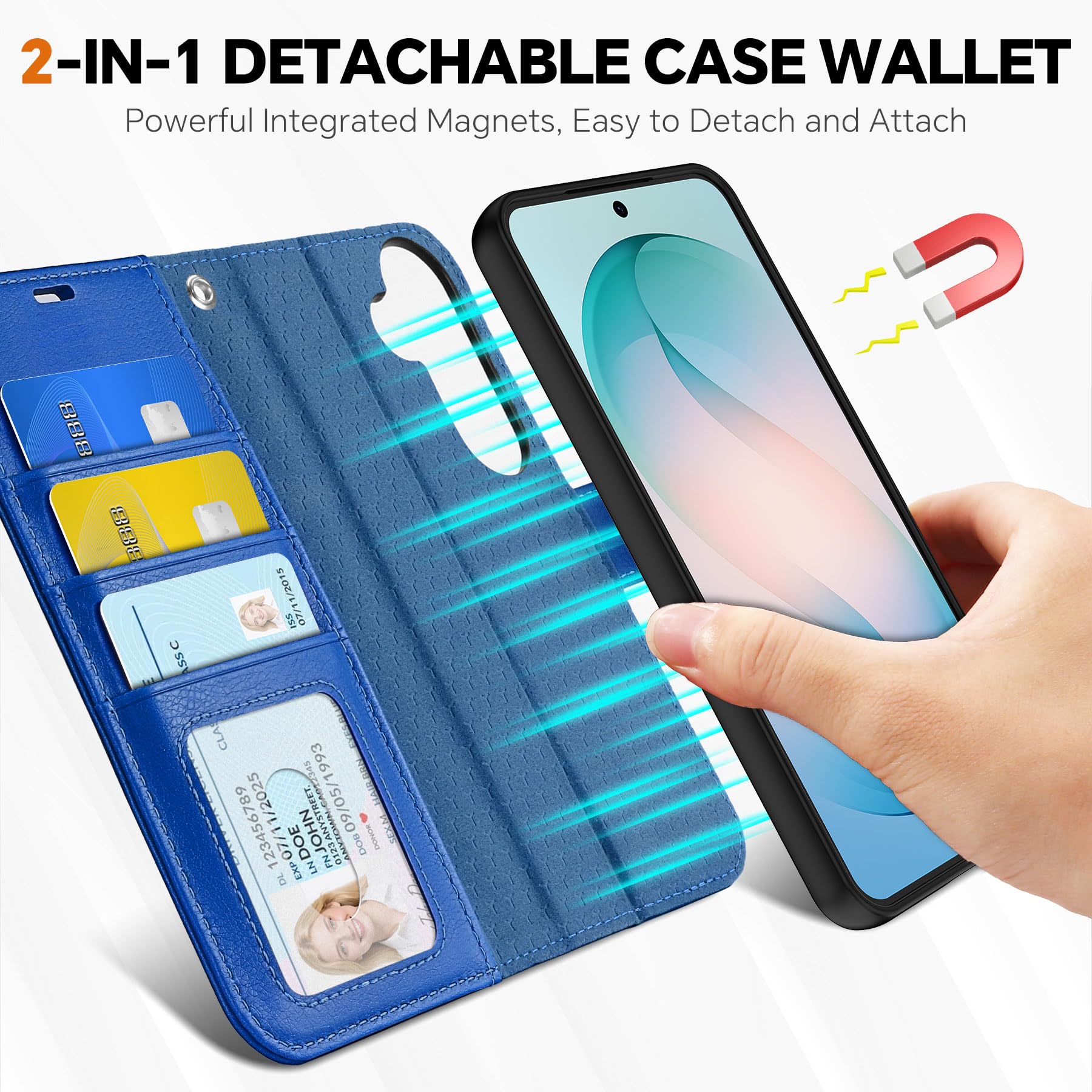 TUCCH Custodia per Galaxy S26, 2-in-1 Staccabile Cinturino Cover Blocco RFID Portafoglio Slot Carte Protezione Pelle Sintetica TPU Supporto Cover per Galaxy S26 (6,3" 2026), Blu Zaffiro Testurizzato