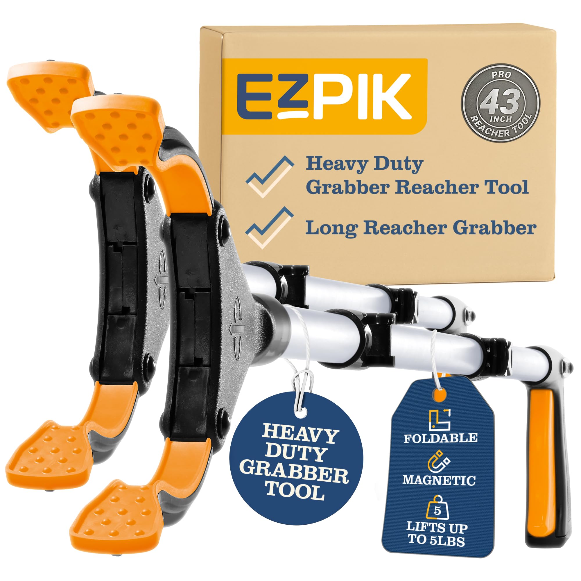 EZPIK Pro 43" Foldable Grabber Reacher Tool for Seniors - Grabbers for Elderly Reaching Tool Heavy Duty Pickup Trash Picker Upper Equipment - Claw Grabber Stick for Reaching Aids, Weed Gripper 2-Pack