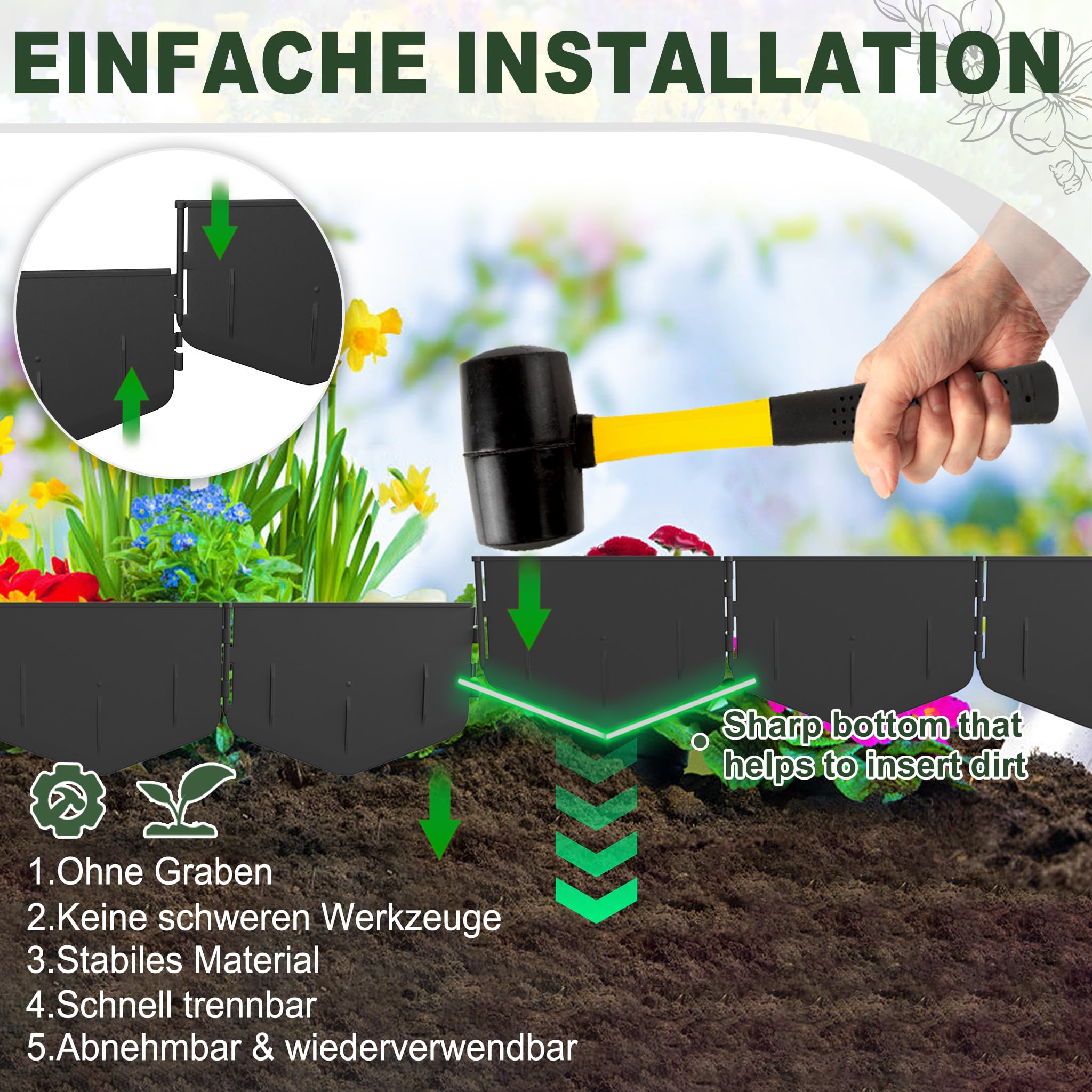 YRHome Bordo per prato pentagonale in plastica PP resistente alle intemperie, bordo flessibile per un facile montaggio senza scavo per prato, aiuole e vie, lunghezza: 8 m (40 pezzi)