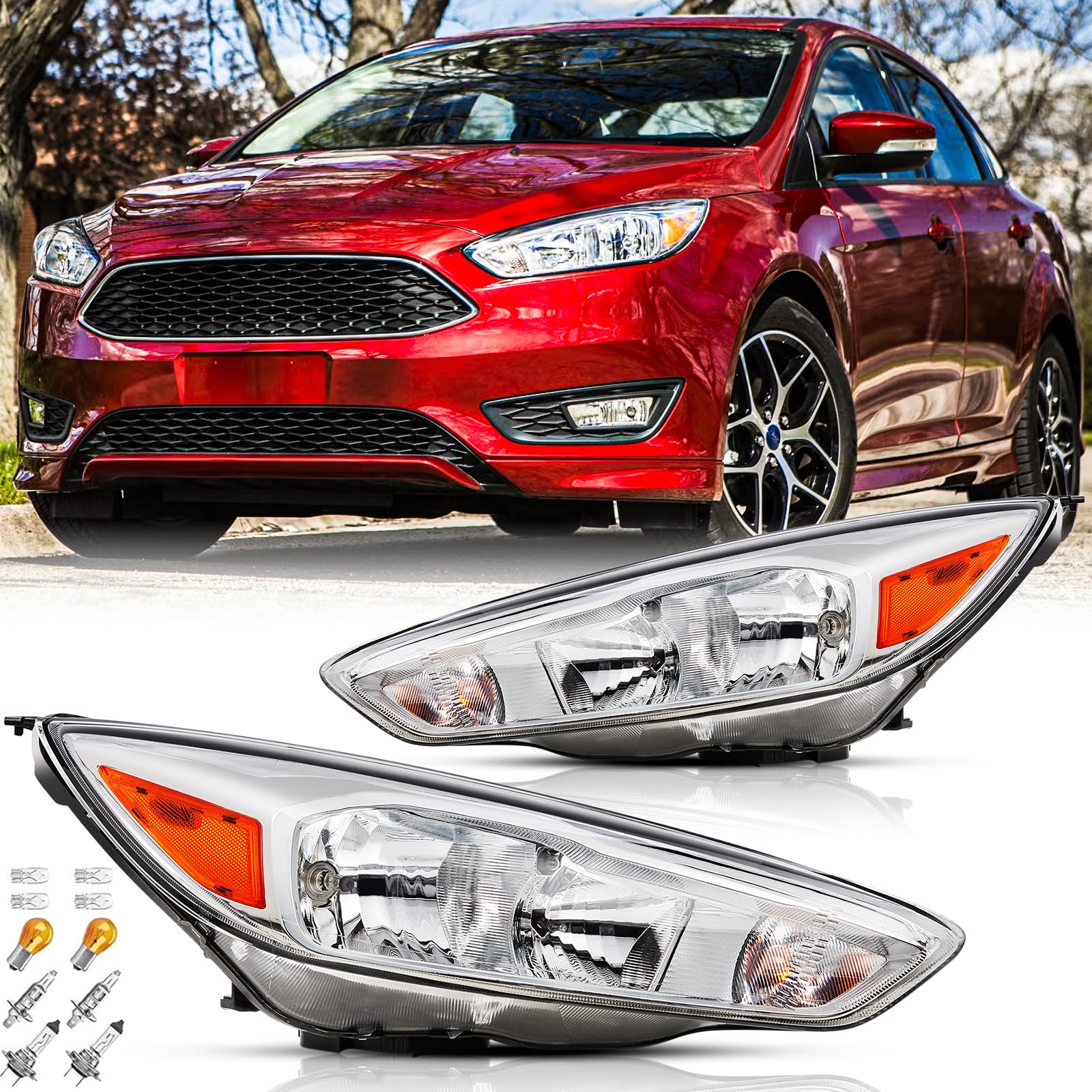 Headlights Assembly Pair with Bulbs for 2015 2016 2017 2018 Ford Focus S SE ST Halogen Headlamps Head Lights Replacement Driver and Passenger Side,