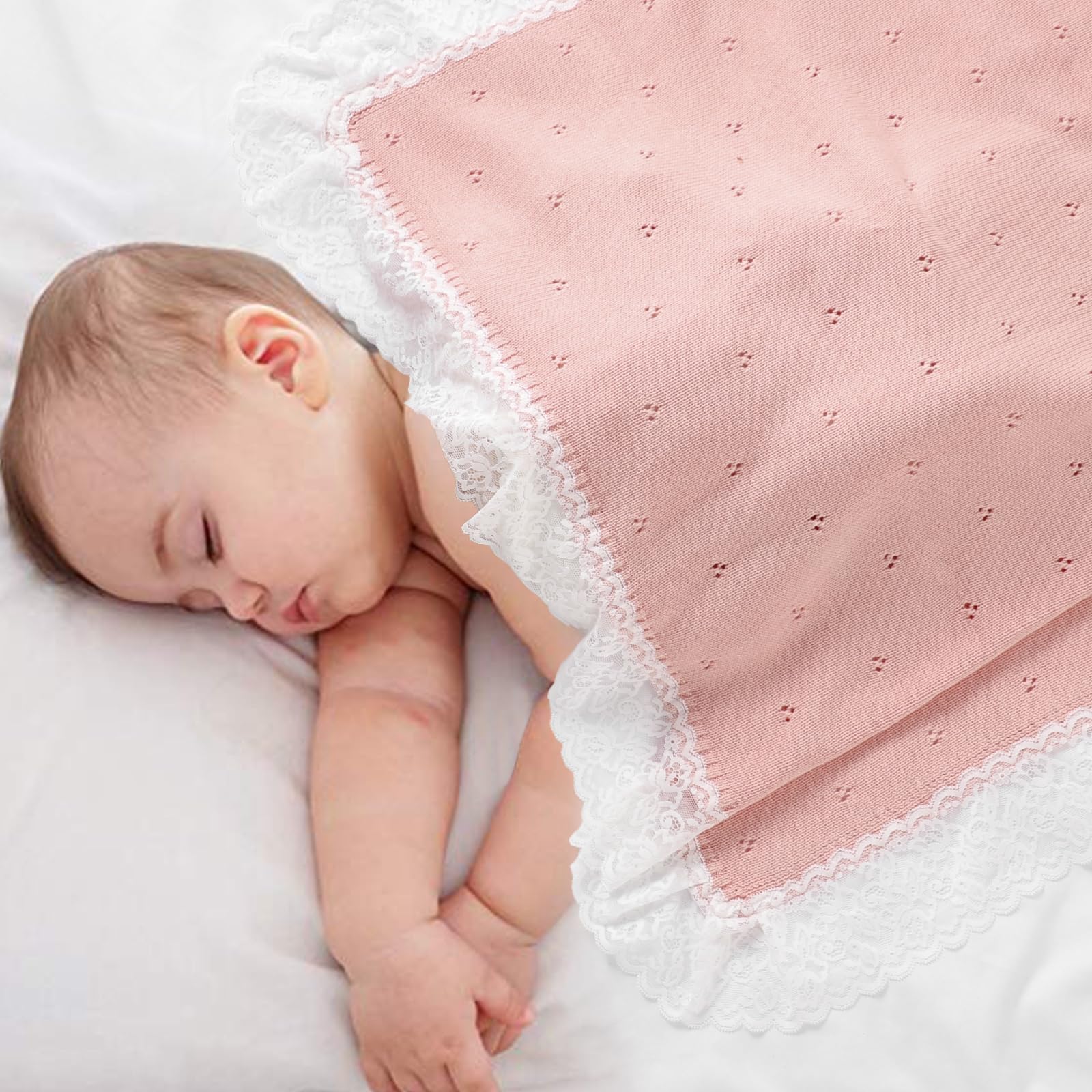 Hadetoto Knit Baby Blanket Cotton Soft Lace Crochet Cellular Blankets Baby Essentials for Newborn Girls Boy 82x102cm (Pink) - Image 2