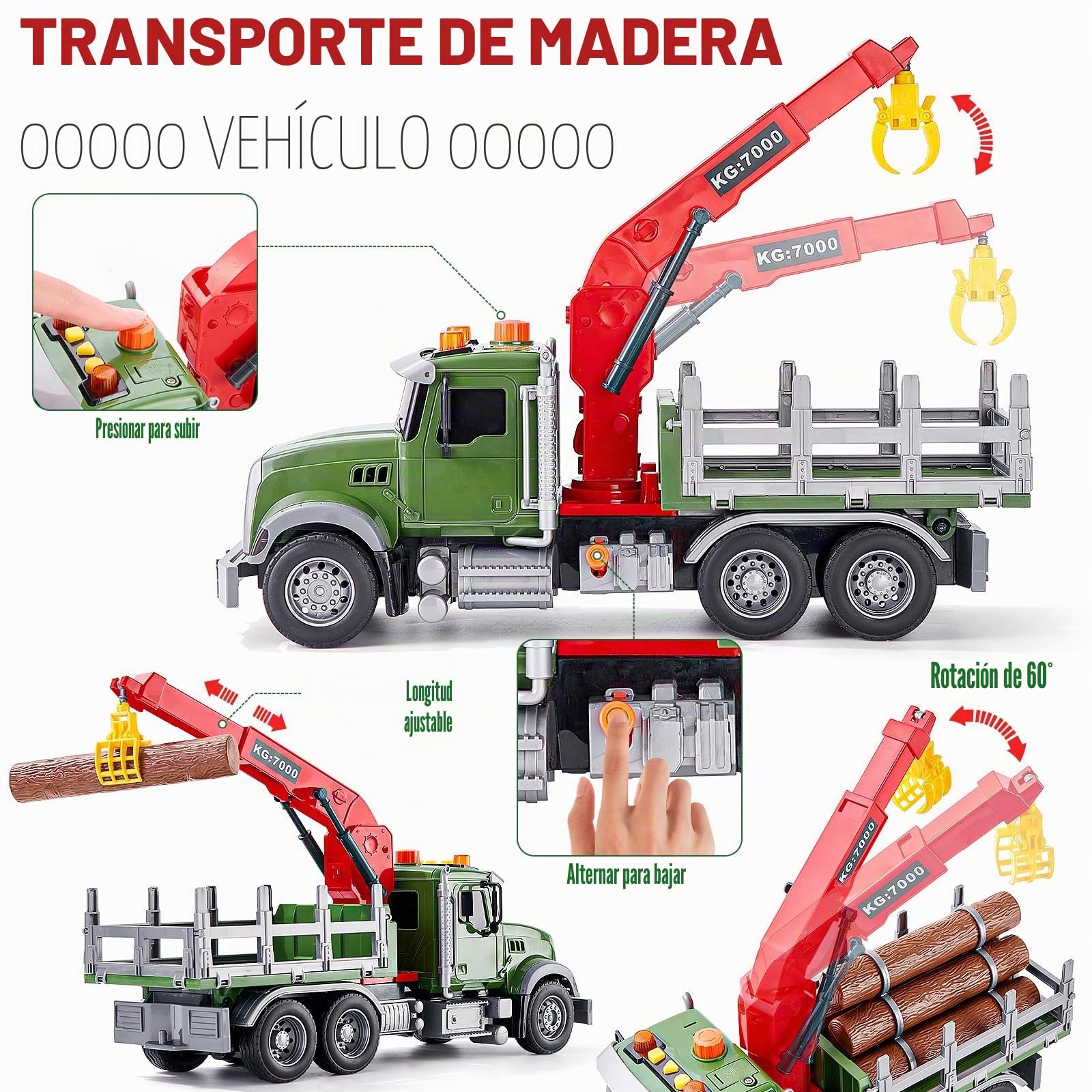 Camión De Madera Con Grúa Y Sonidos – Juguete 1:16 Con Luces, Remolque Desmontable Y Troncos Extraíbles, Regalo Para Niños De 3 A 7 Años