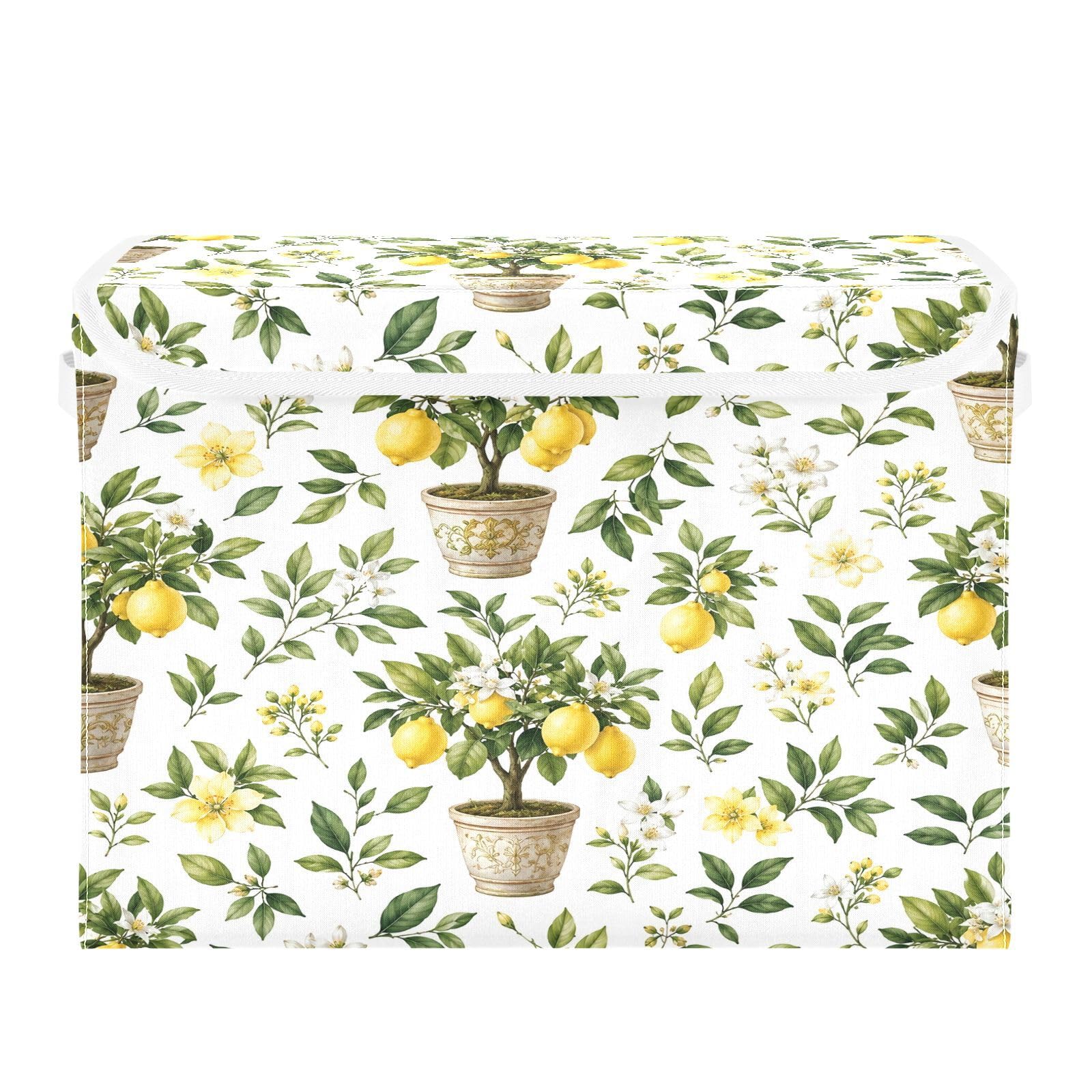 Ewusp Lemon Fabric Storage Bin with Lid, Decorative Foldable Storage Basket with Handles, Stackable Closet Shelf Organiser Box for Clothes, Books, Bedroom, Living Room